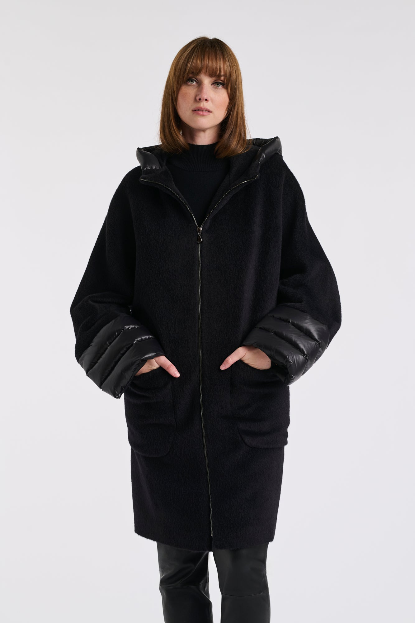Quilted virgin wool hooded coat
