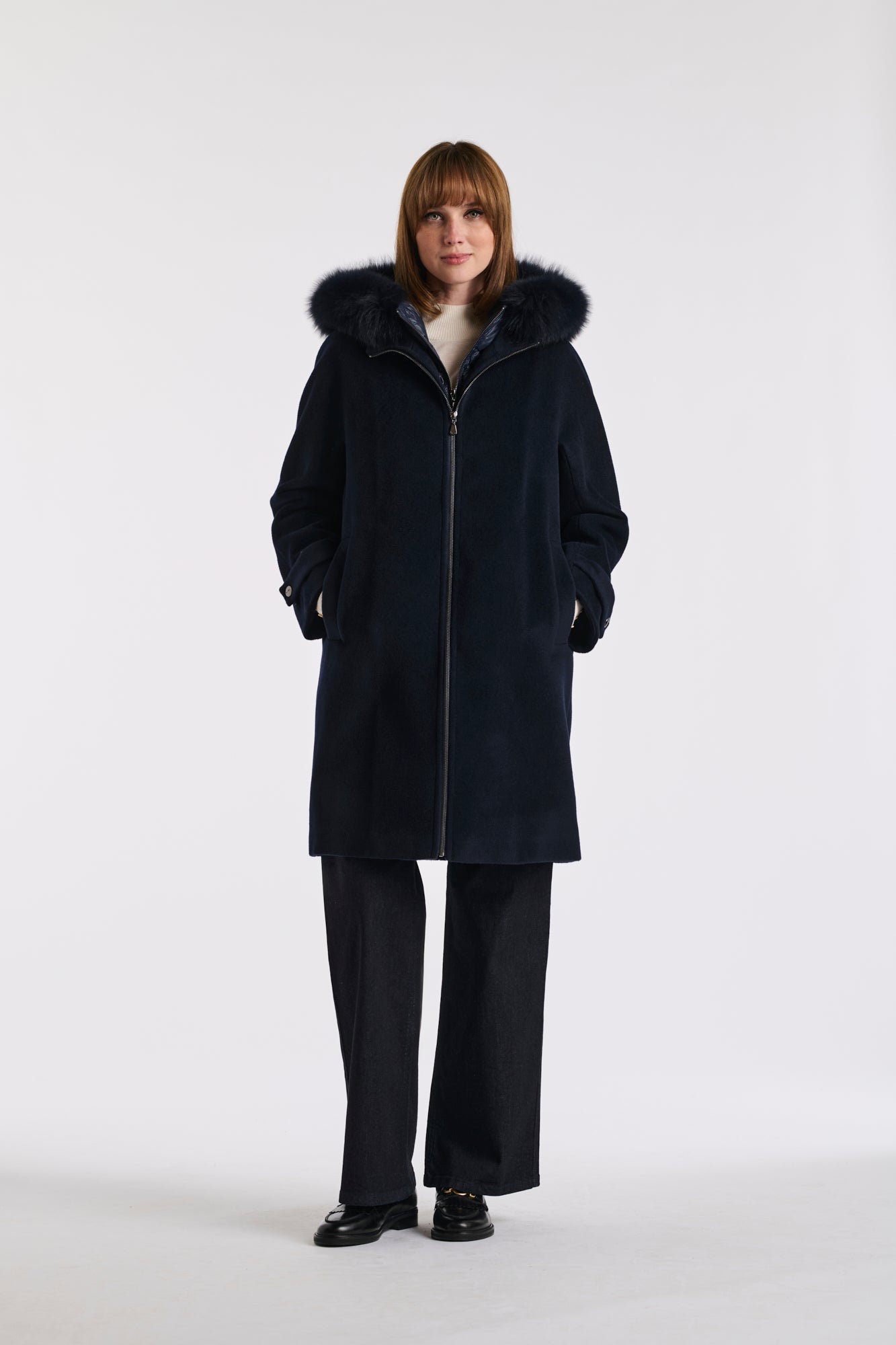 Quilted hooded coat in virgin wool and fur
