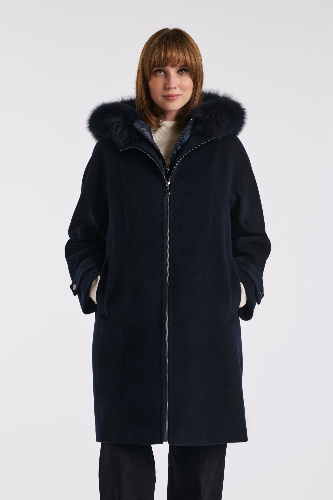 Quilted hooded coat in virgin wool and fur