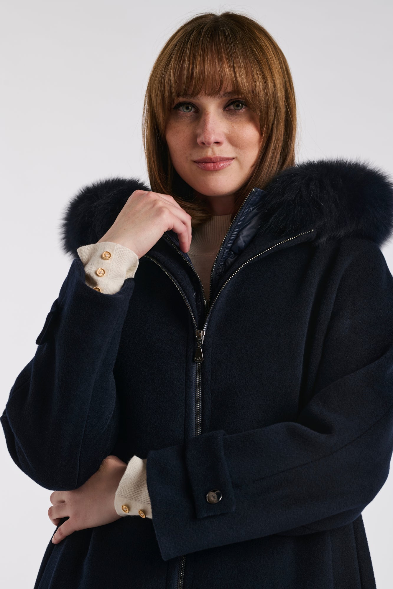 Quilted hooded coat in virgin wool and fur