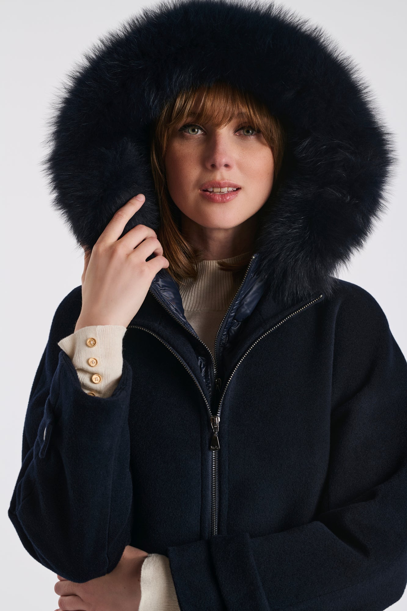 Quilted hooded coat in virgin wool and fur
