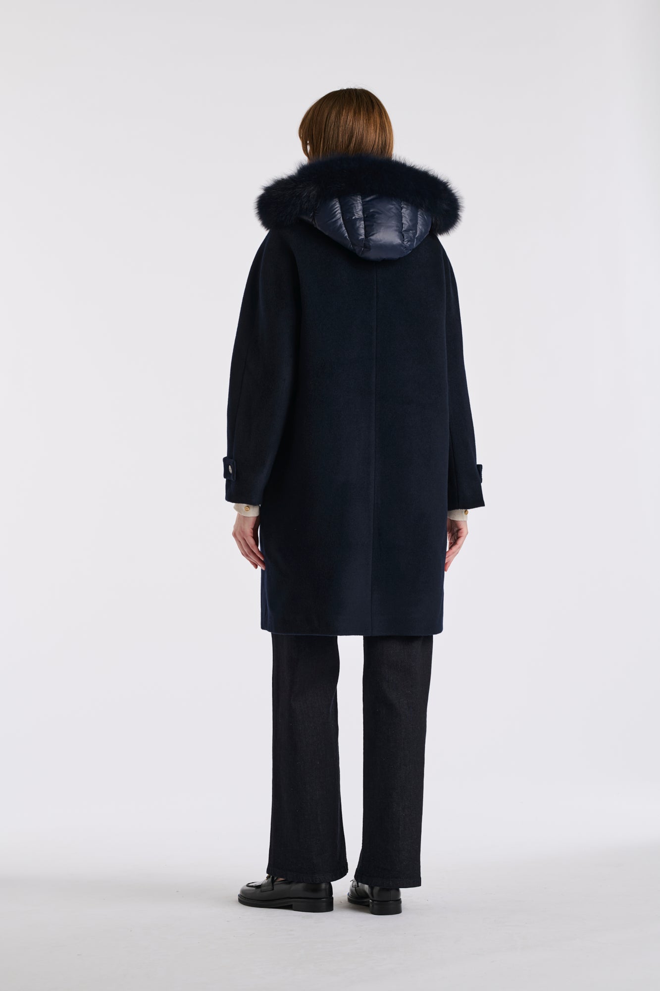 Quilted hooded coat in virgin wool and fur