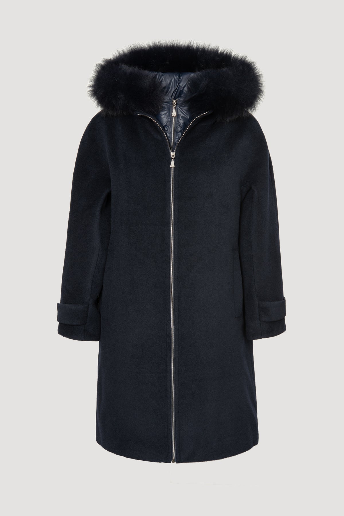 Manteau à capuche matellassée en laine vierge et fourrure