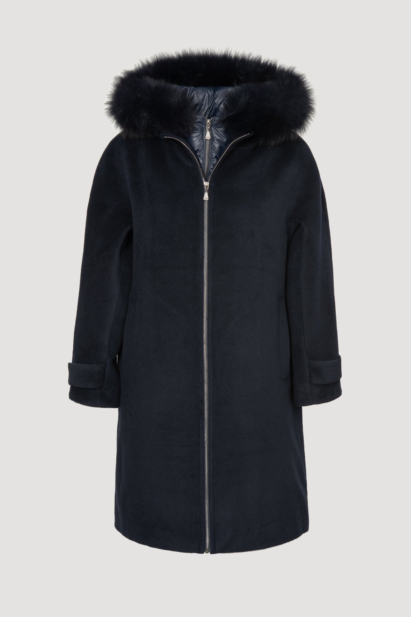 Quilted hooded coat in virgin wool and fur