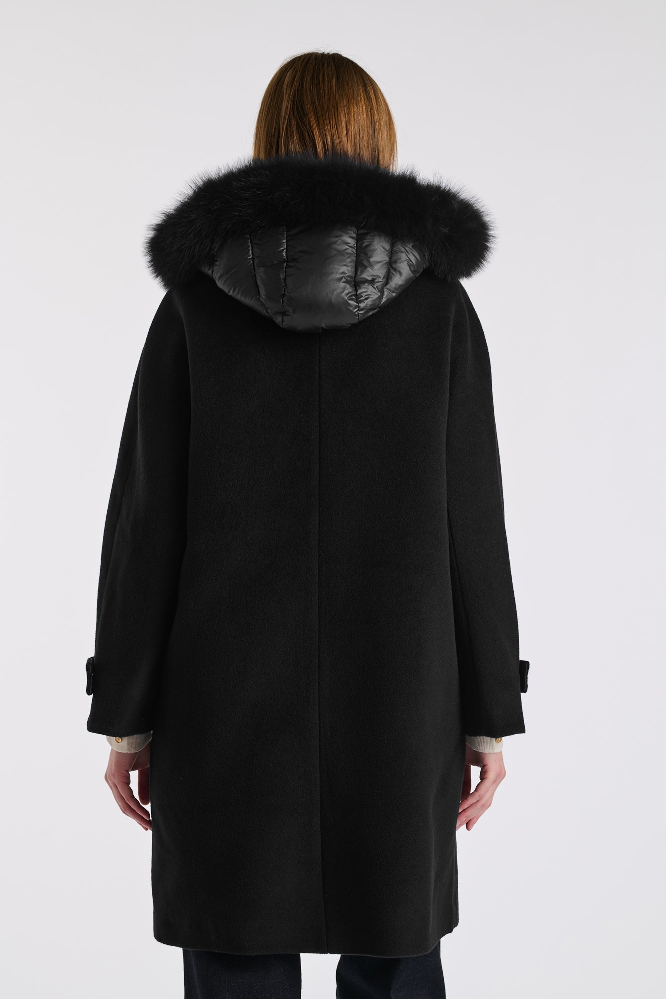 Quilted hooded coat in virgin wool and fur