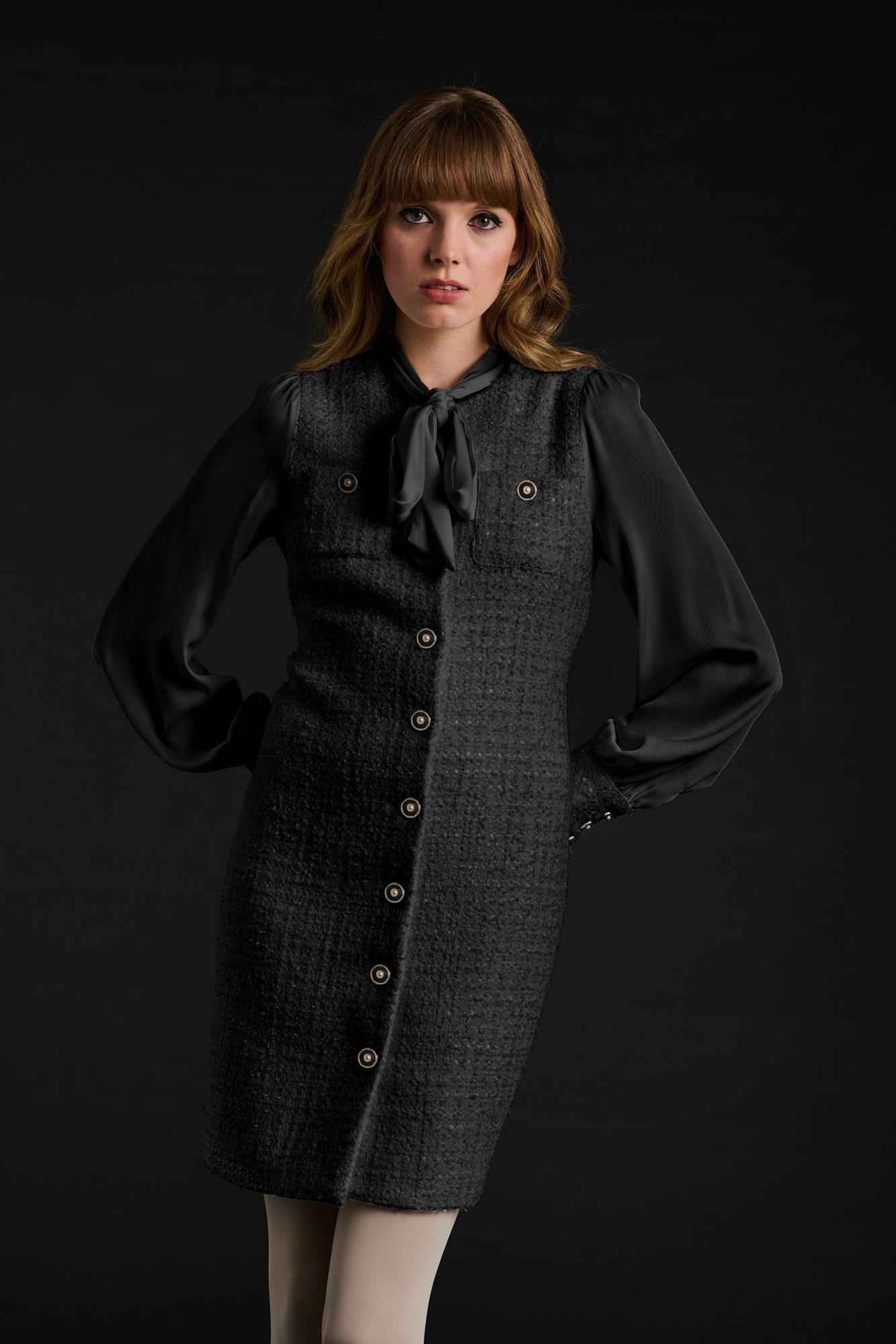 Tweed and silk pussy bow dress