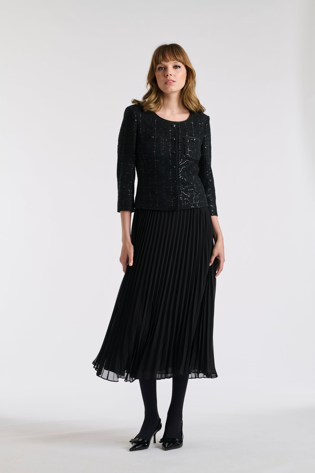 Robe longue bi-matière plissée