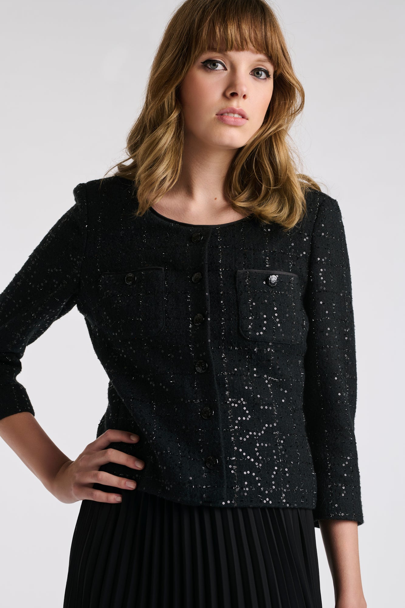 Robe longue bi-matière plissée