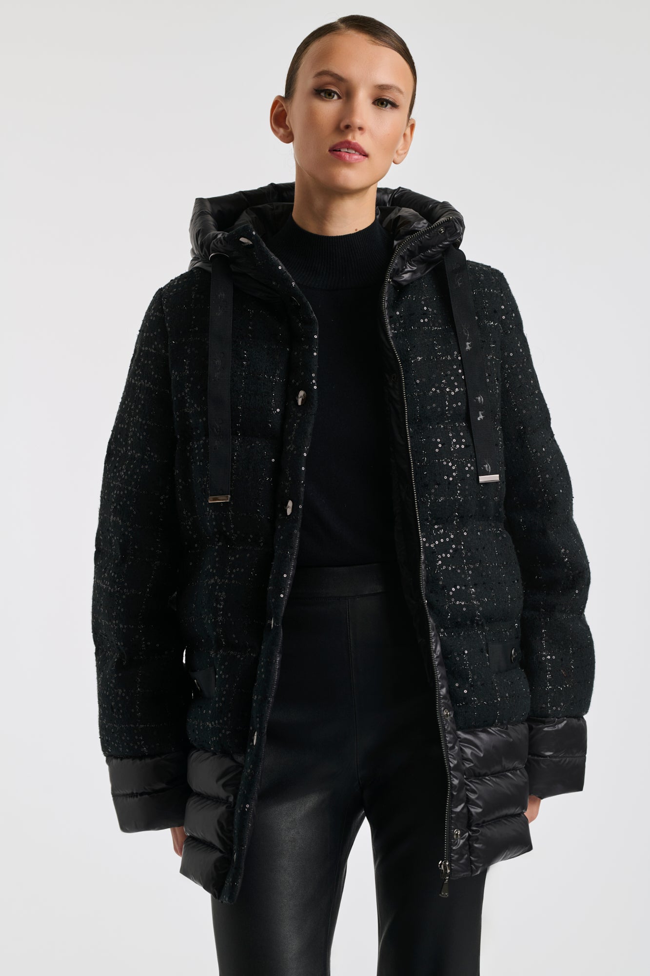 Tweed and nylon down jacket