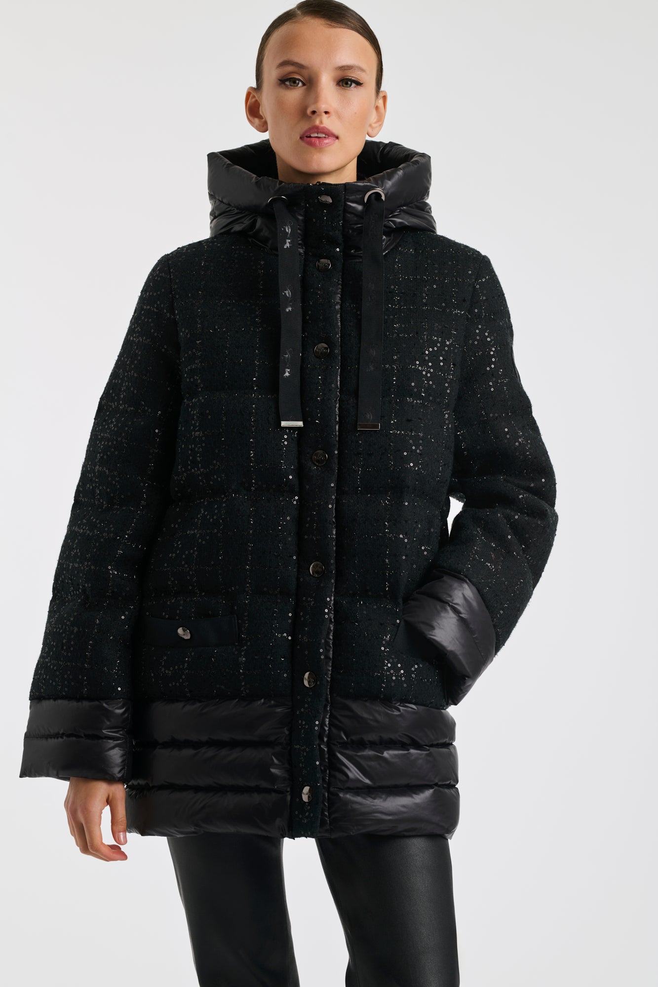Tweed and nylon down jacket