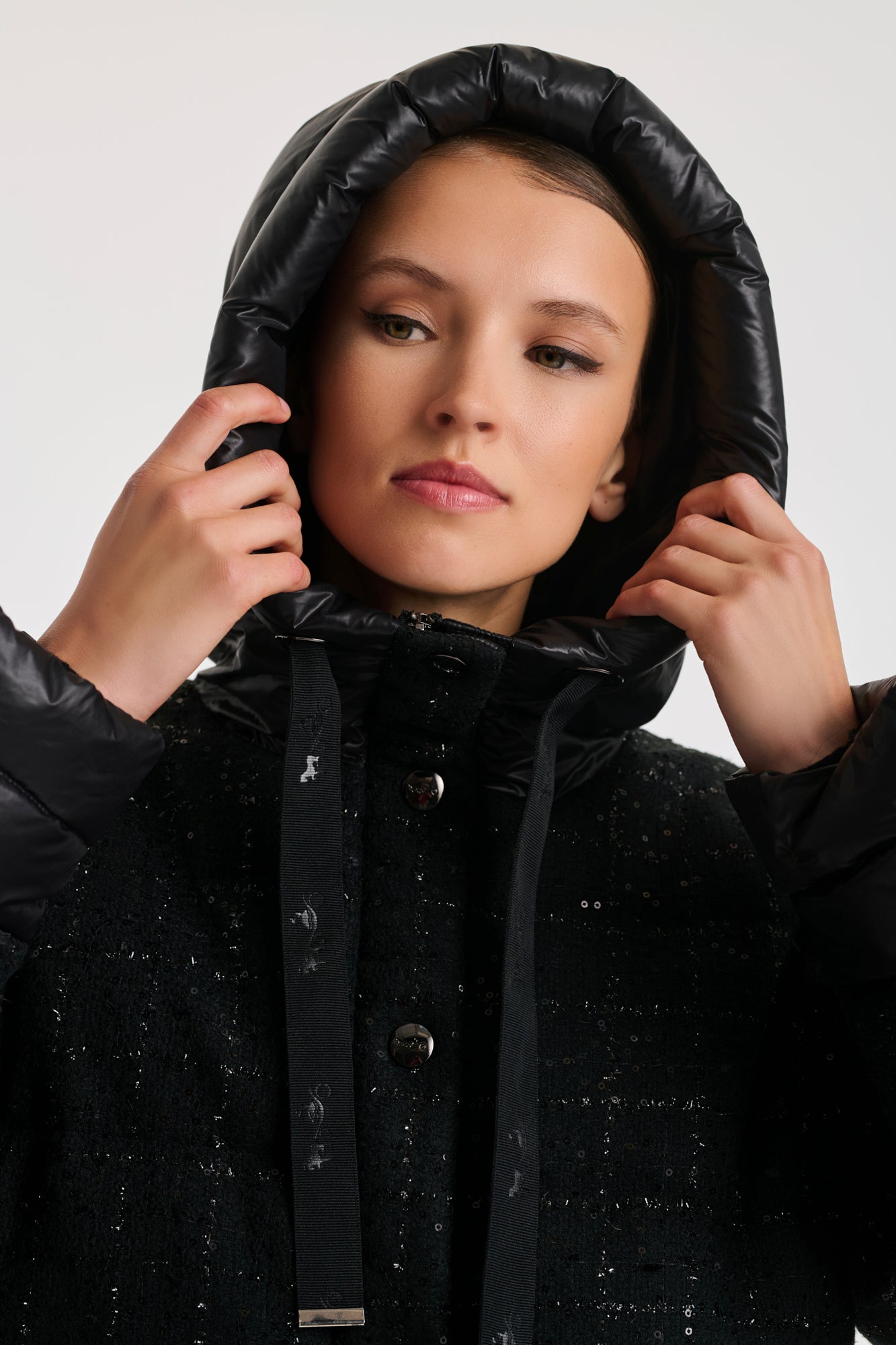 Tweed and nylon down jacket