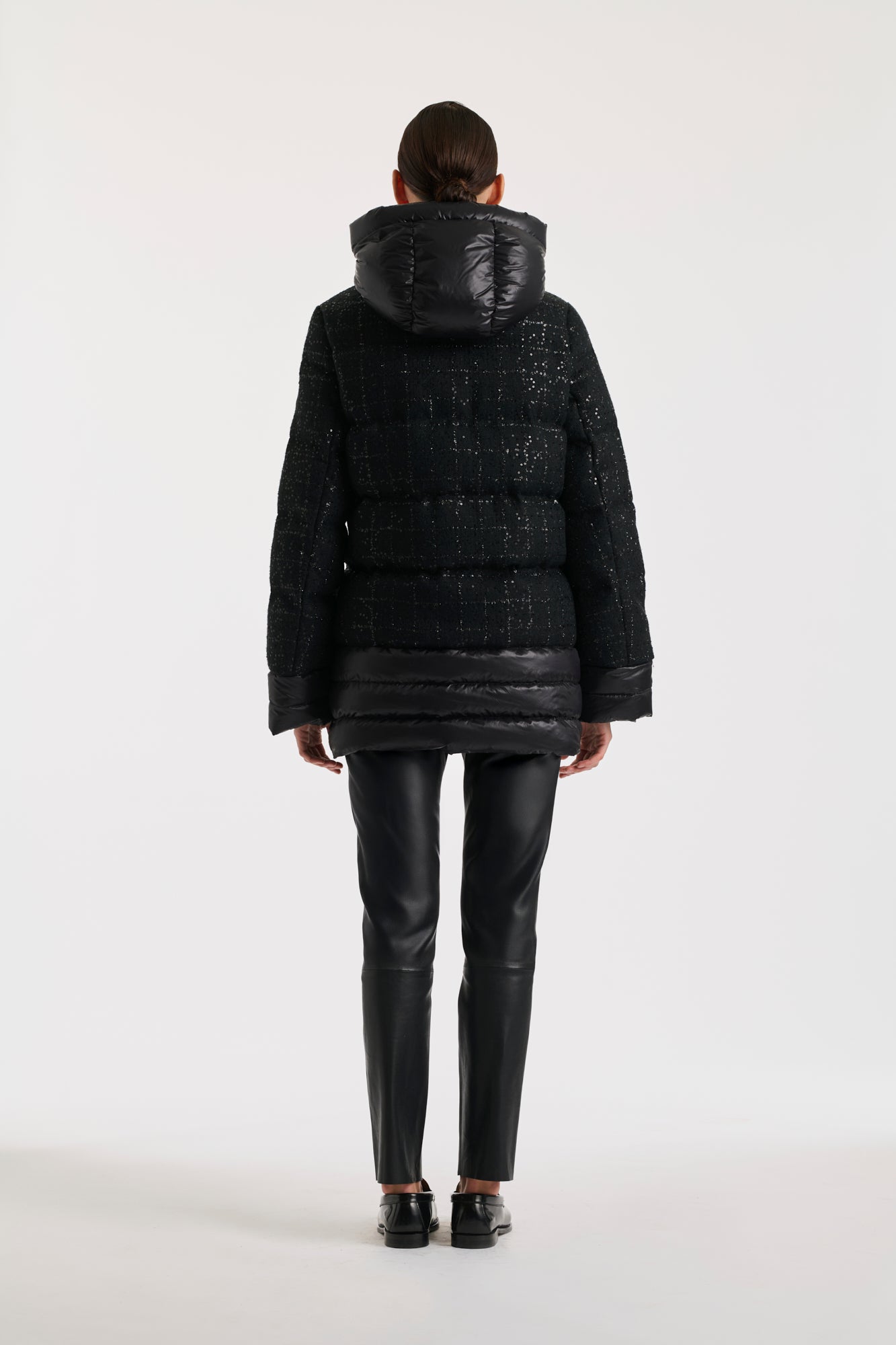 Tweed and nylon down jacket