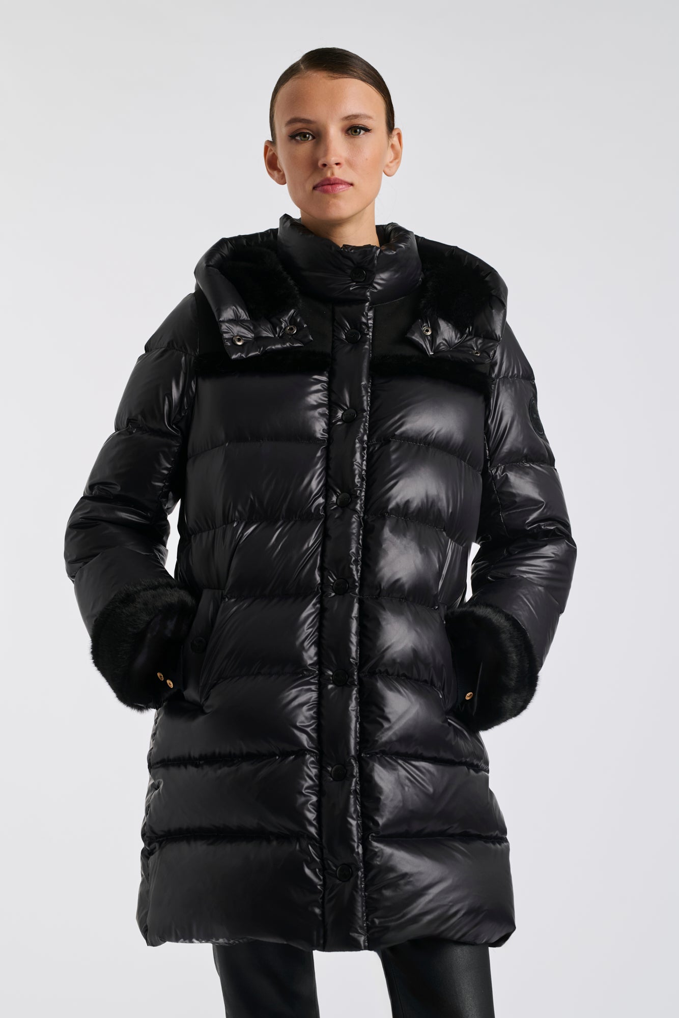 Mid-length down jacket with a fur hood