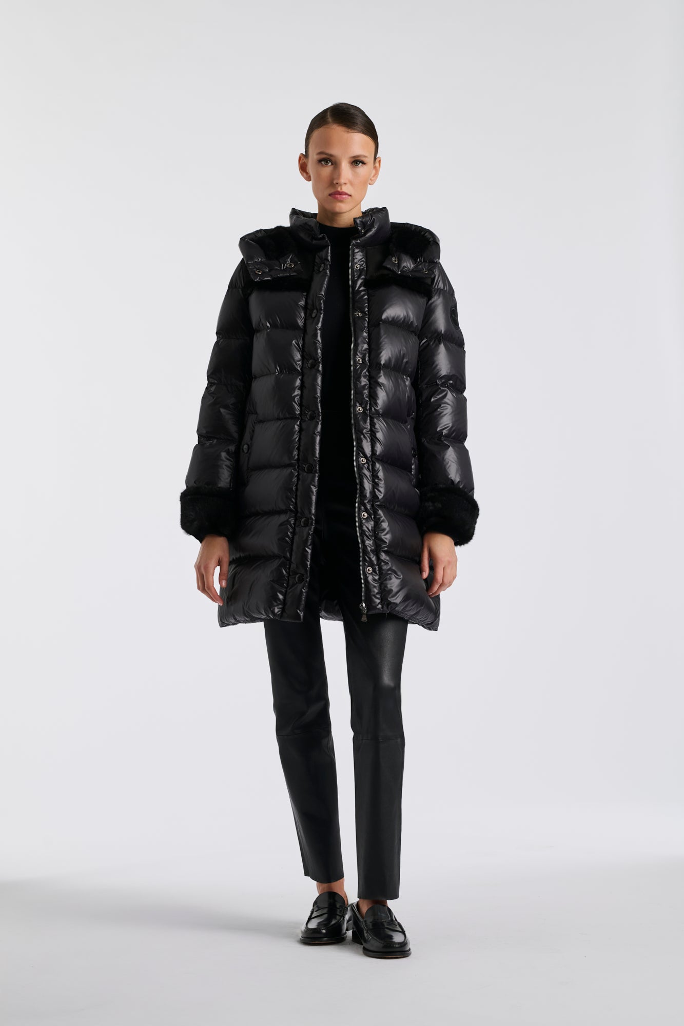 Mid-length down jacket with a fur hood