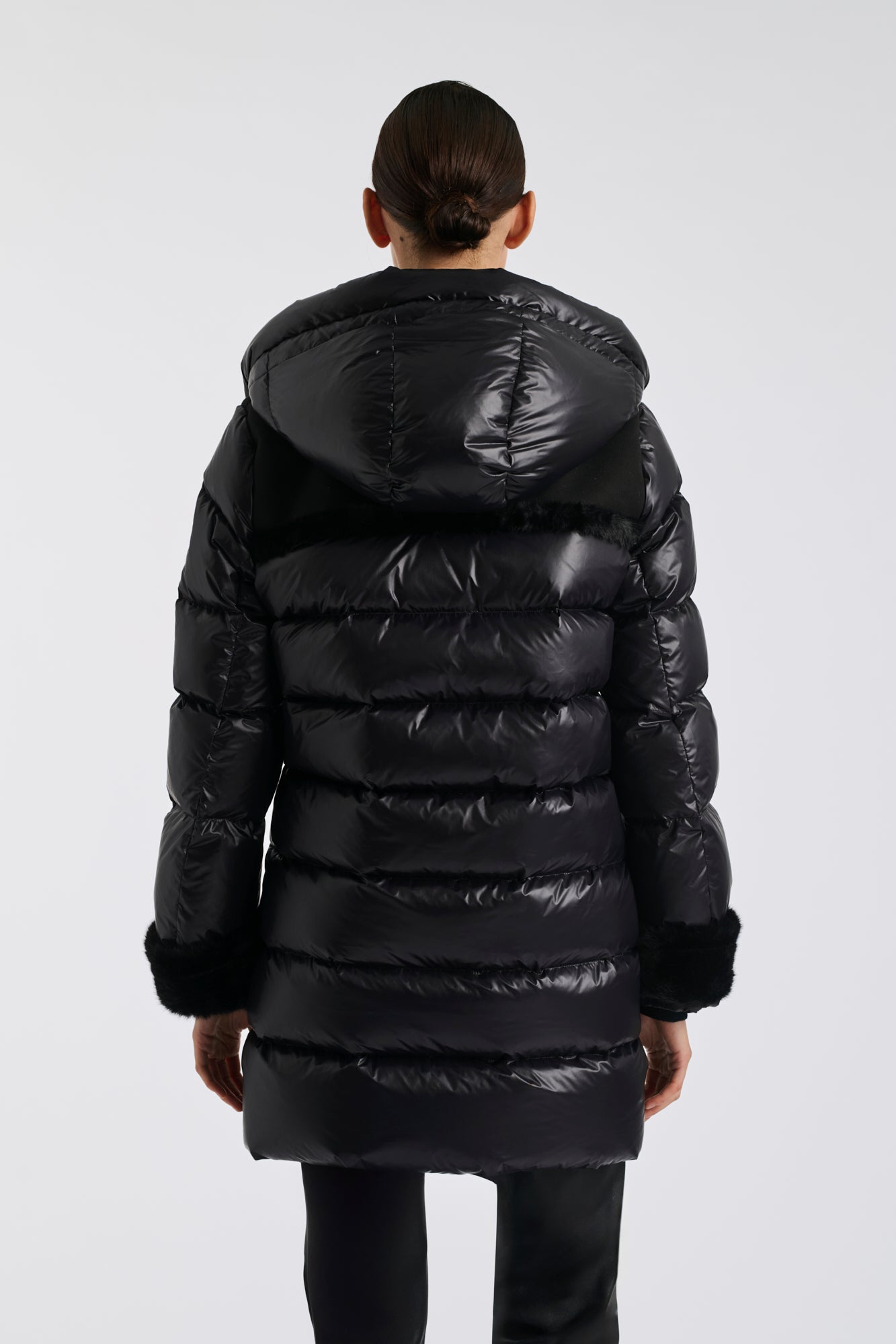 Mid-length down jacket with a fur hood