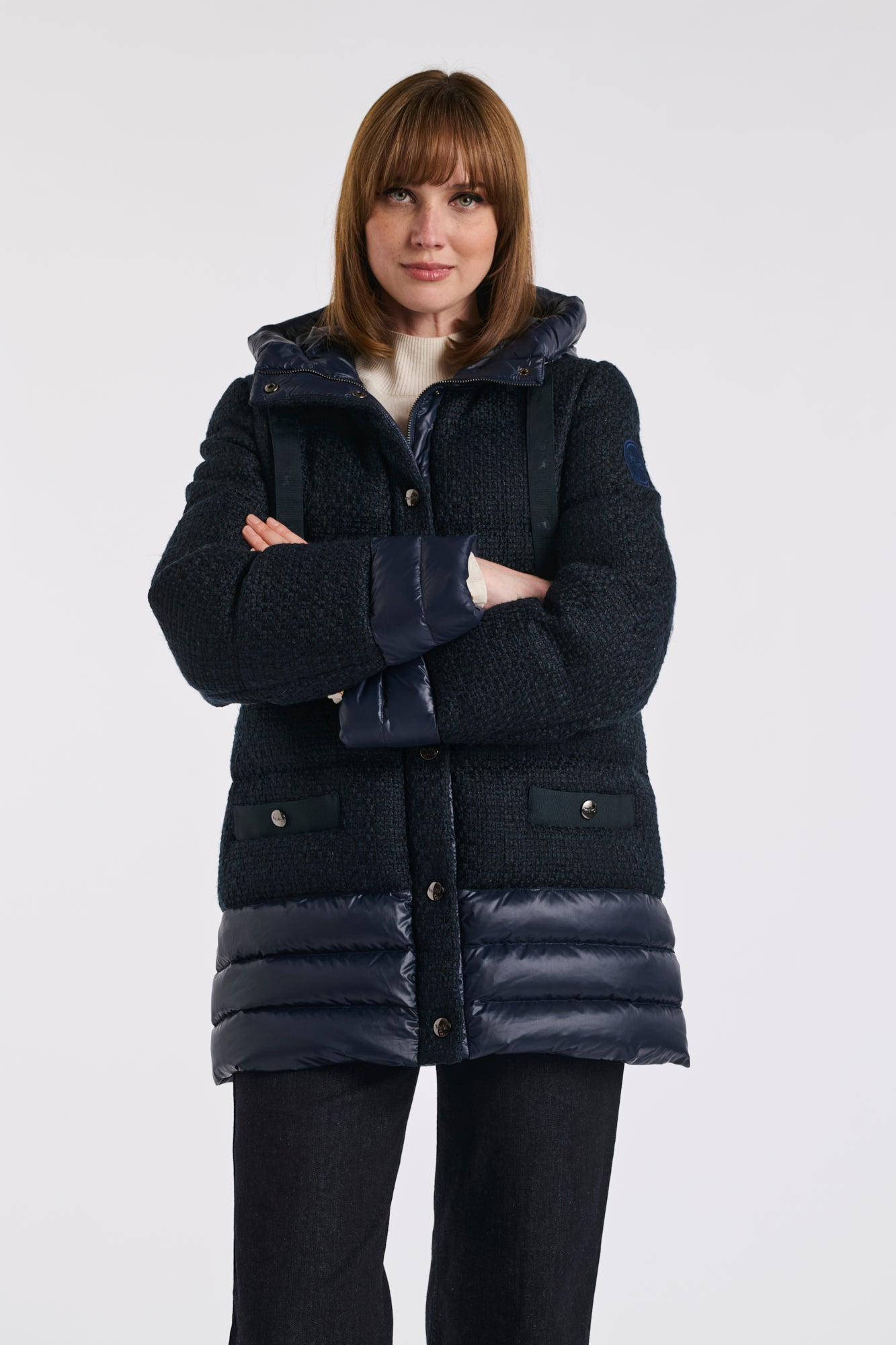 Navy tweed and nylon down jacket