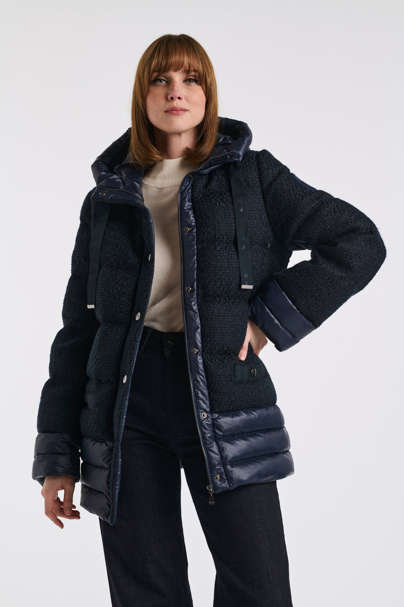 Navy tweed and nylon down jacket