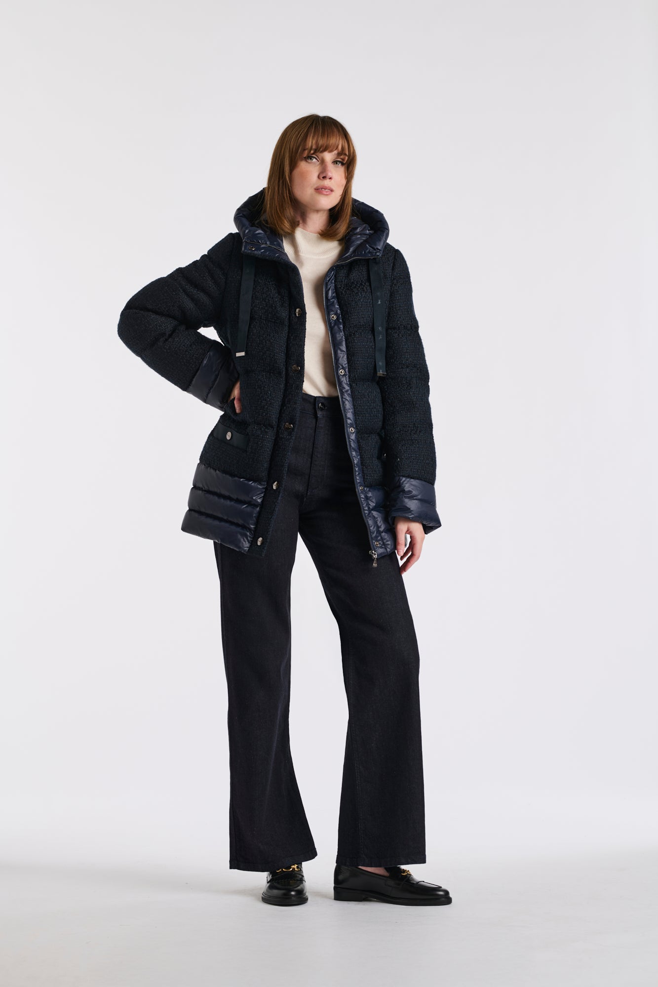 Navy tweed and nylon down jacket