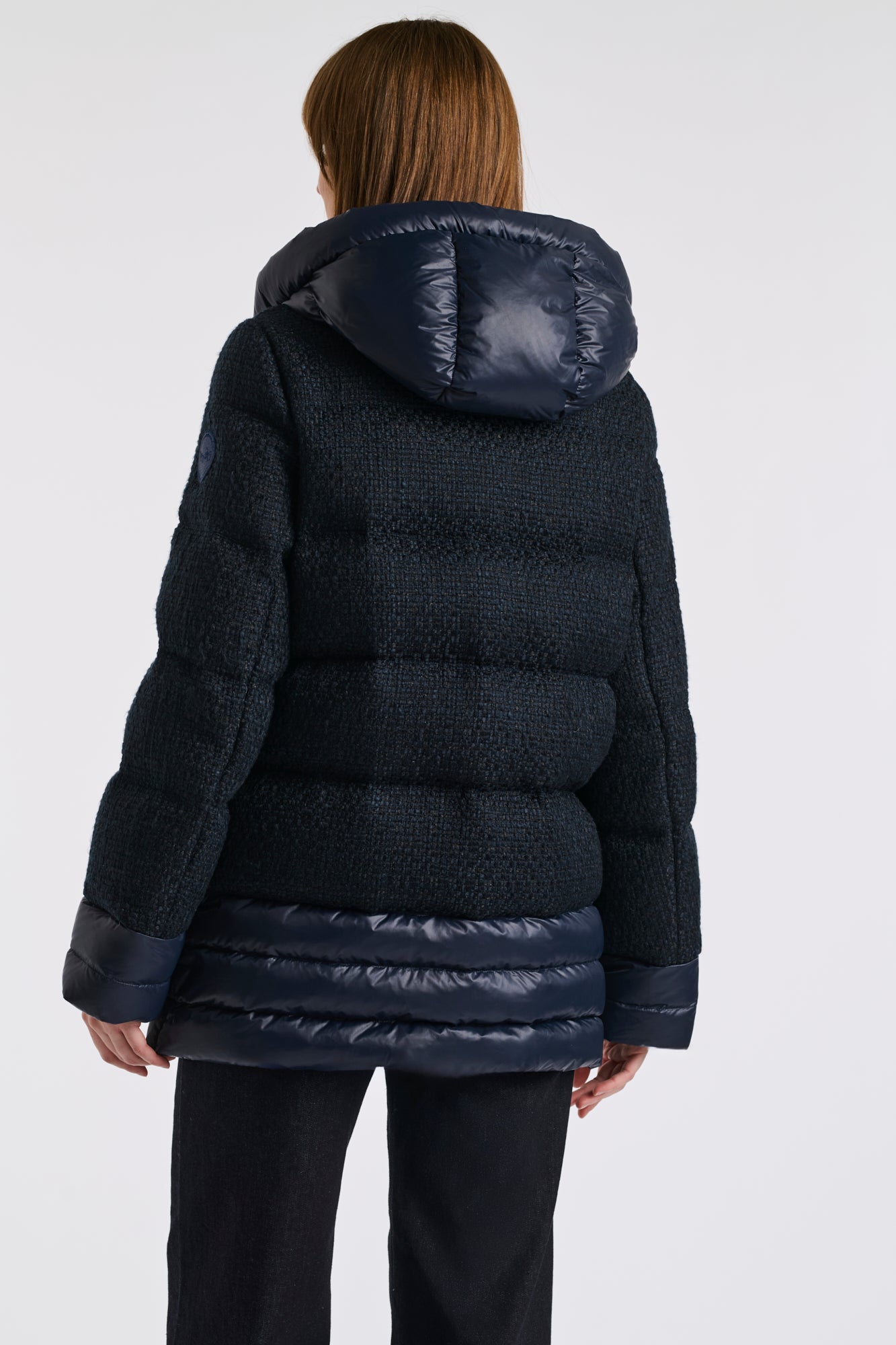 Navy tweed and nylon down jacket