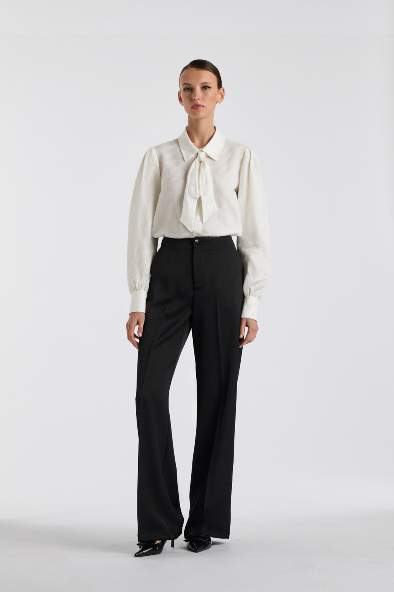 Silk jacquard pussy bow shirt