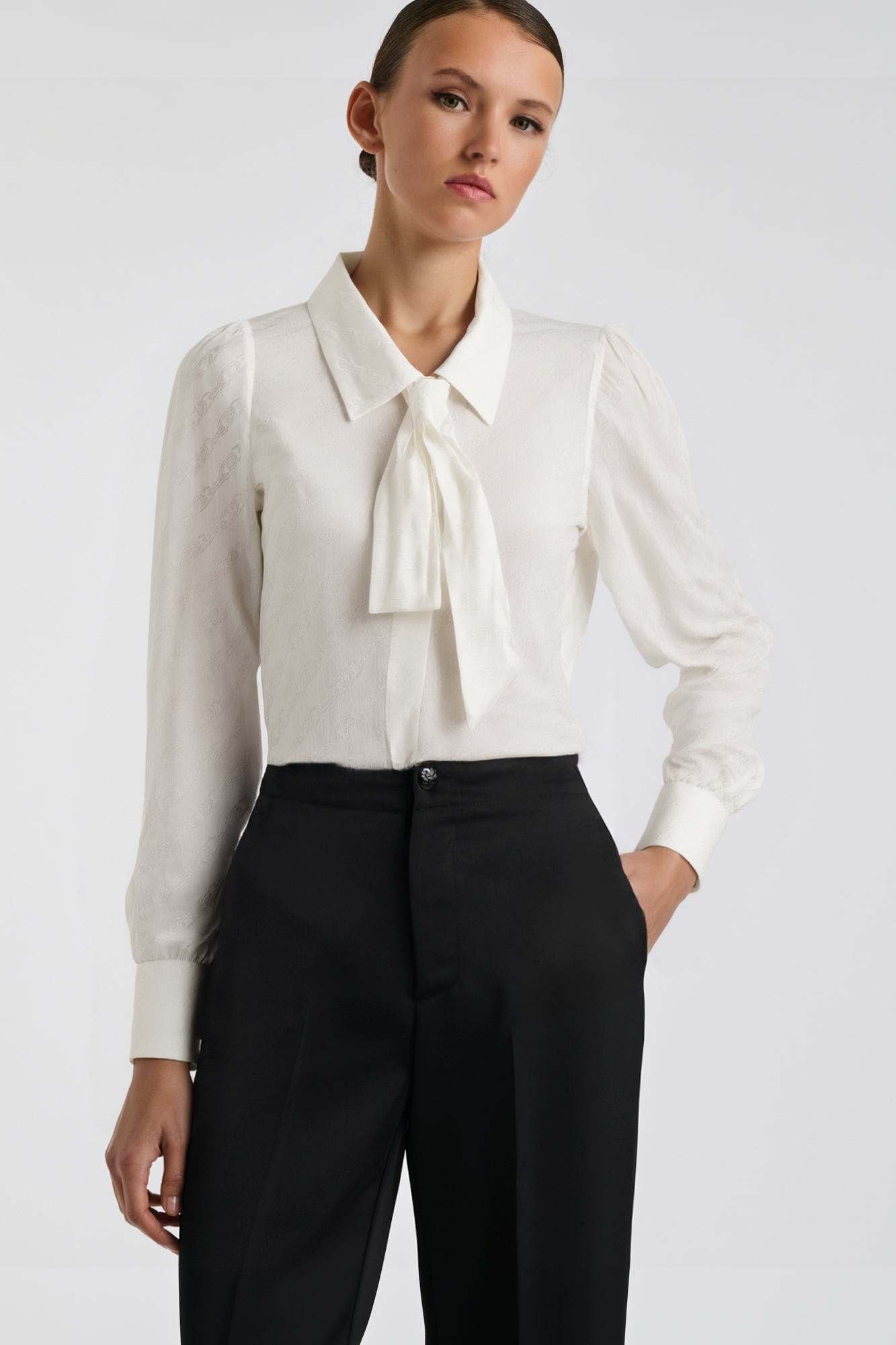 Silk jacquard pussy bow shirt
