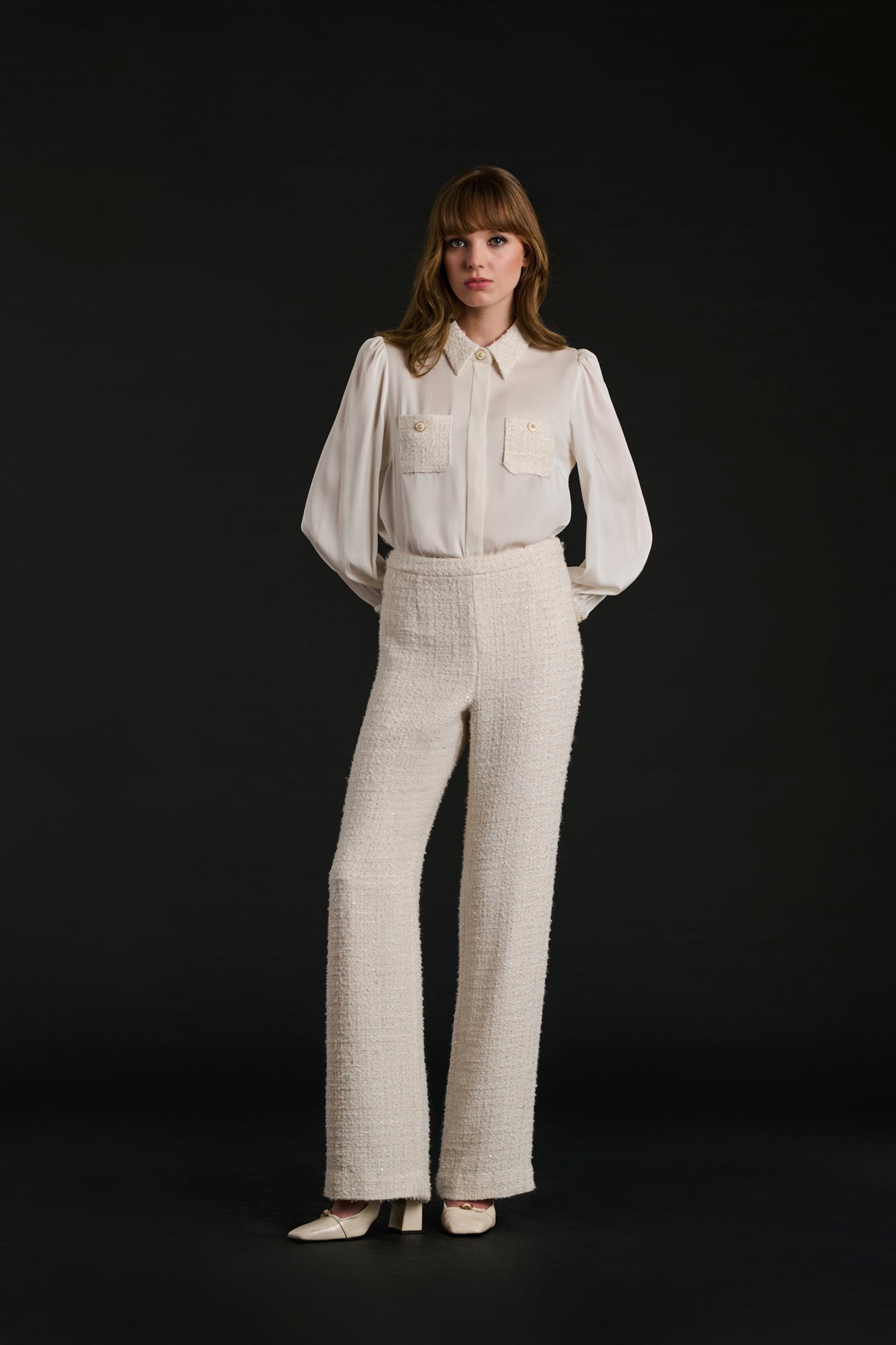 Chemise bimatière en soie et tweed