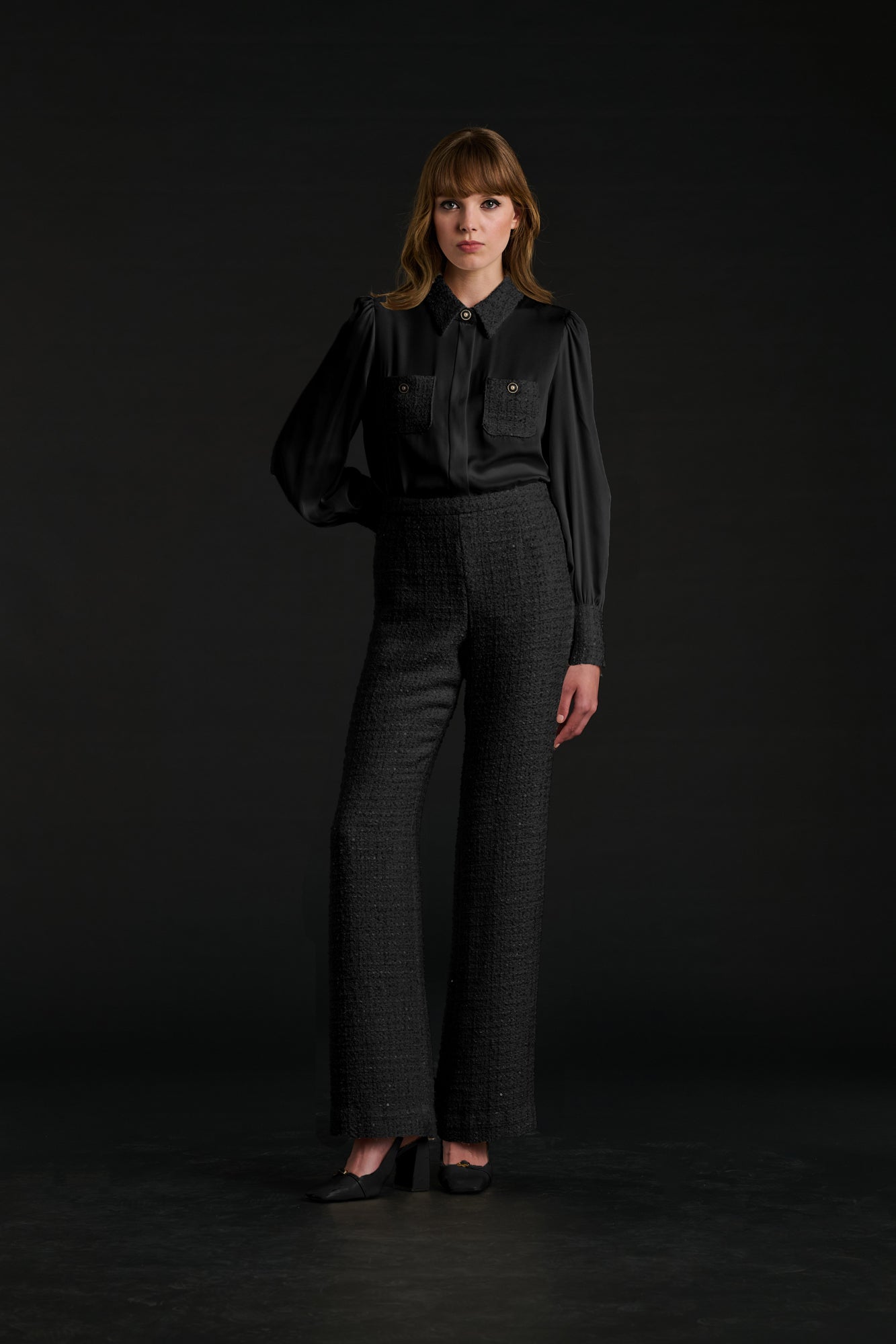 Bi-material silk and tweed shirt