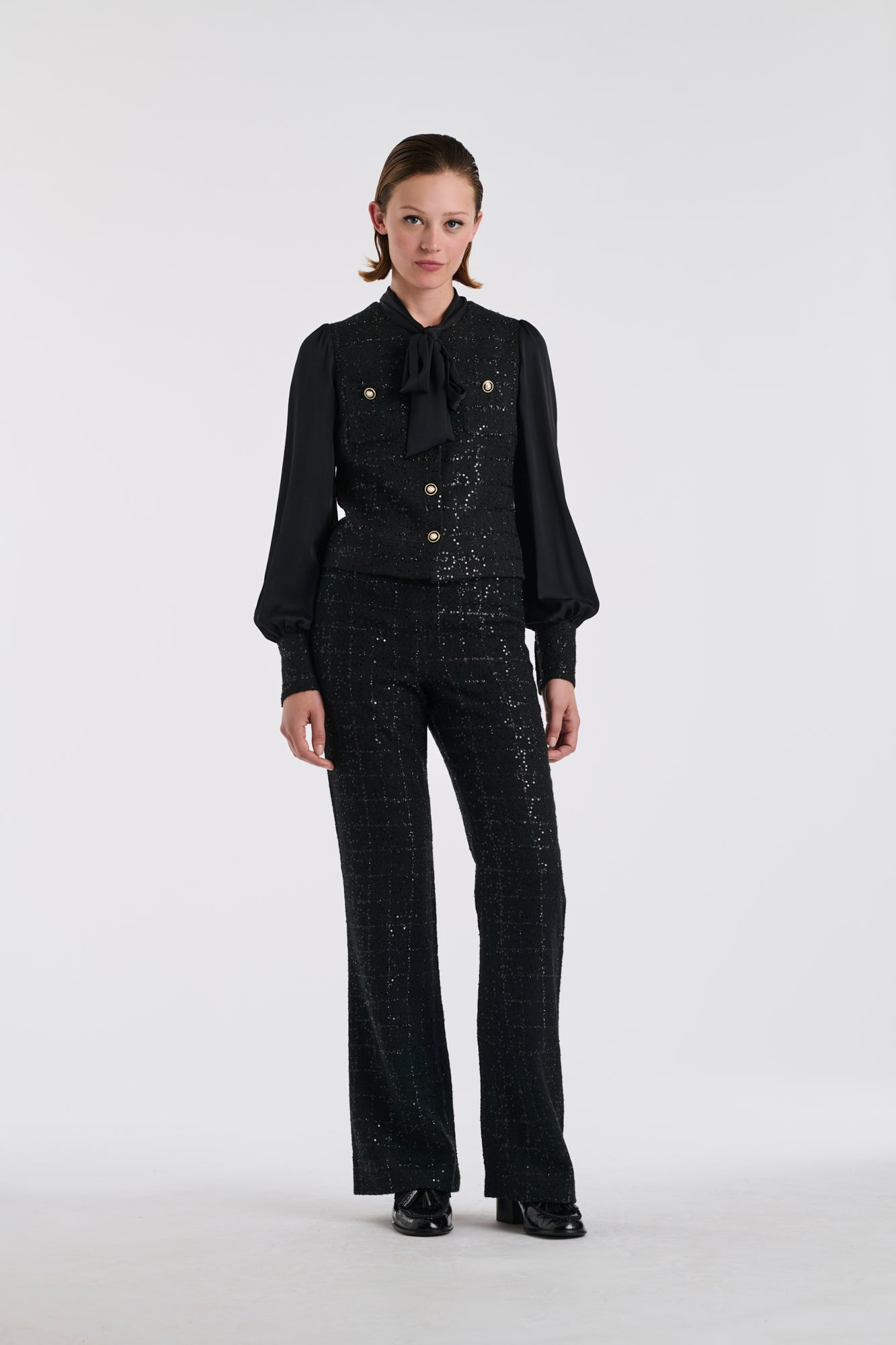 Chemise lavallière bimatière en tweed et soie