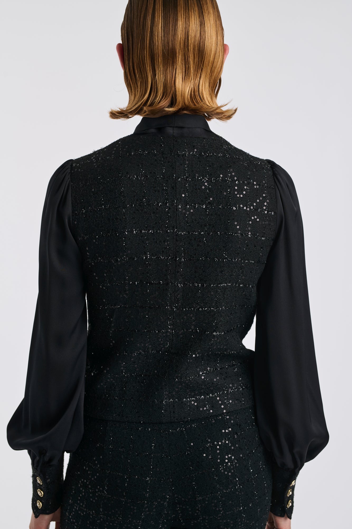 Bi-material pussy bow shirt in tweed and silk