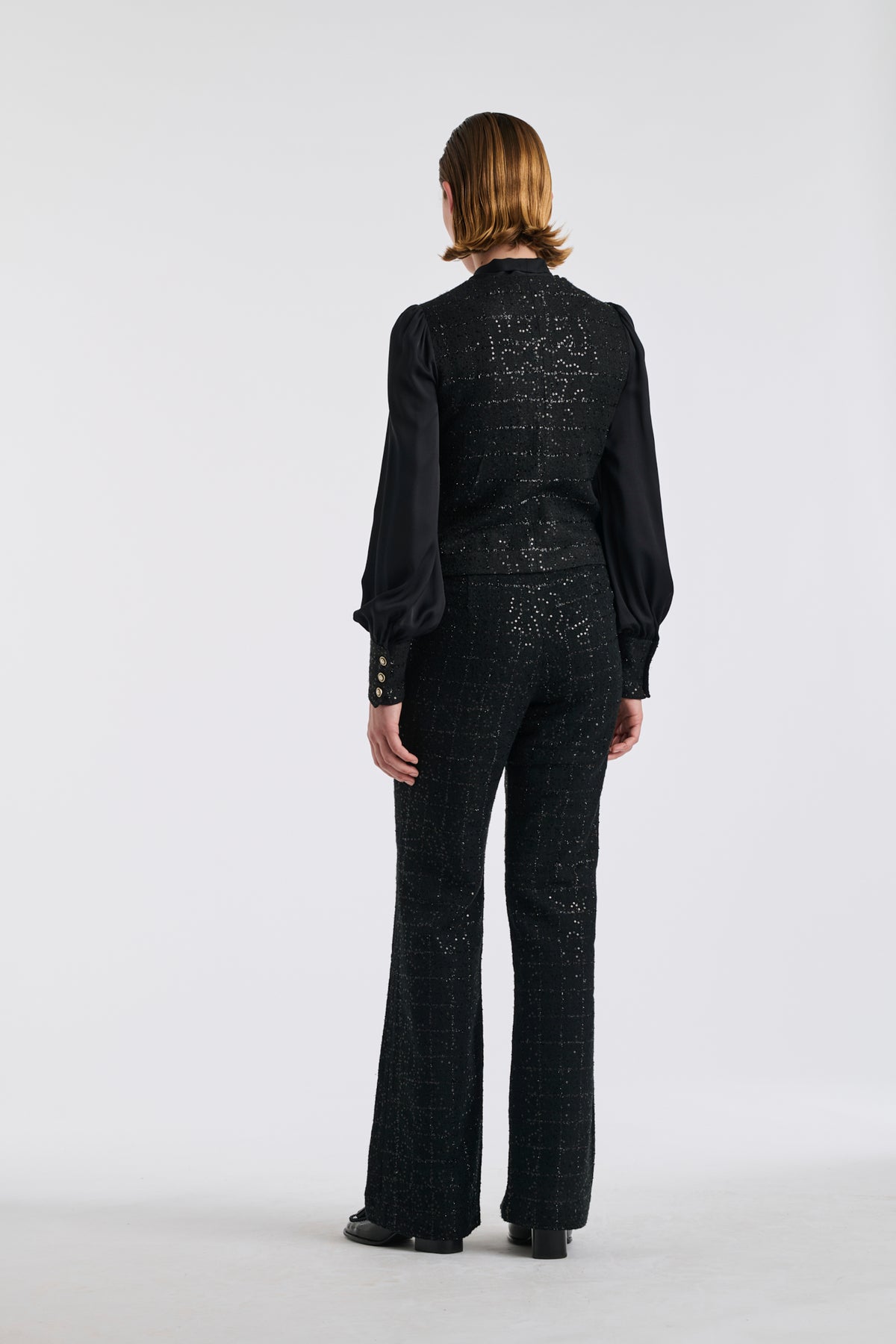 Chemise lavallière bimatière en tweed et soie