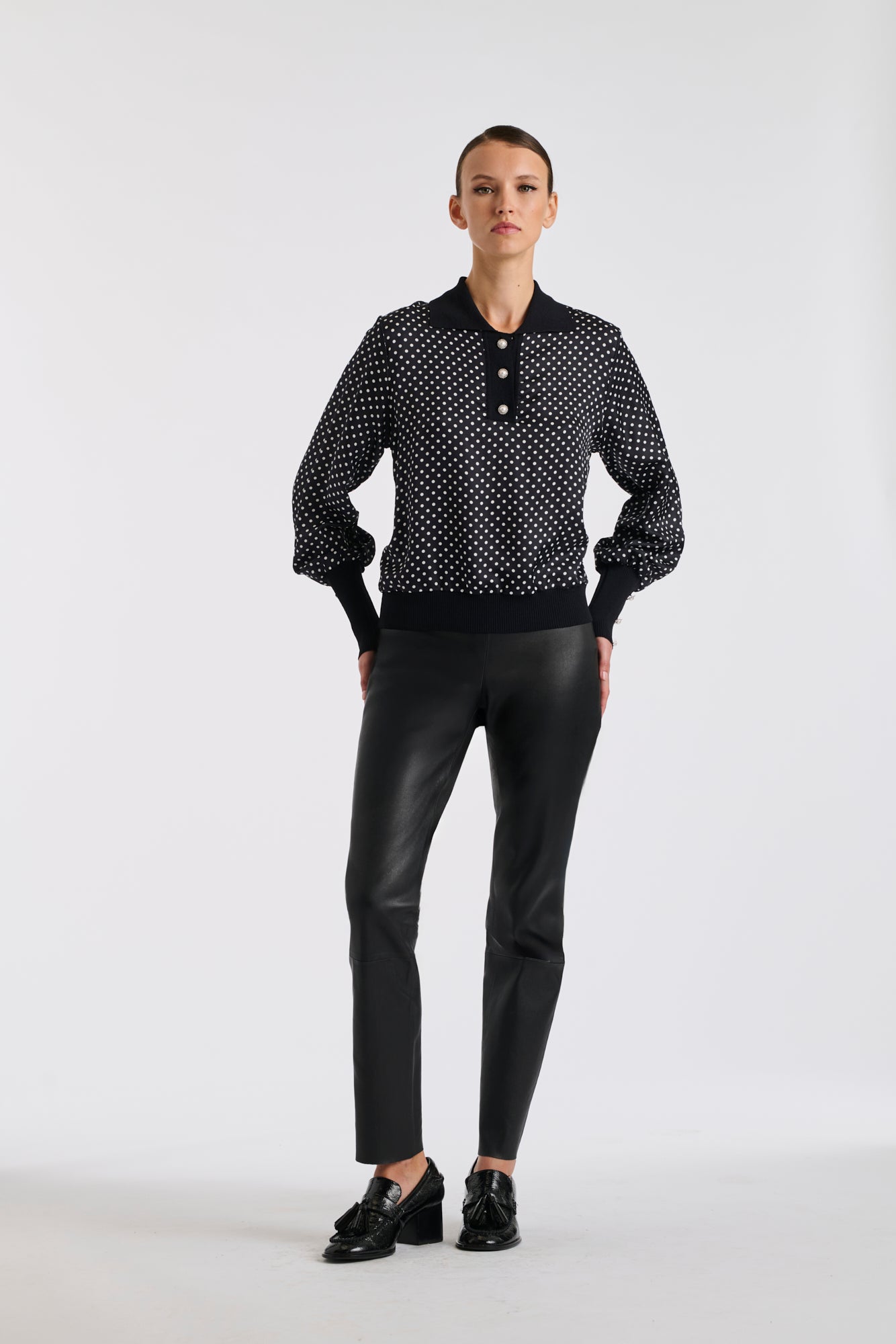 Bi-material polo shirt in silk and knitted fabric