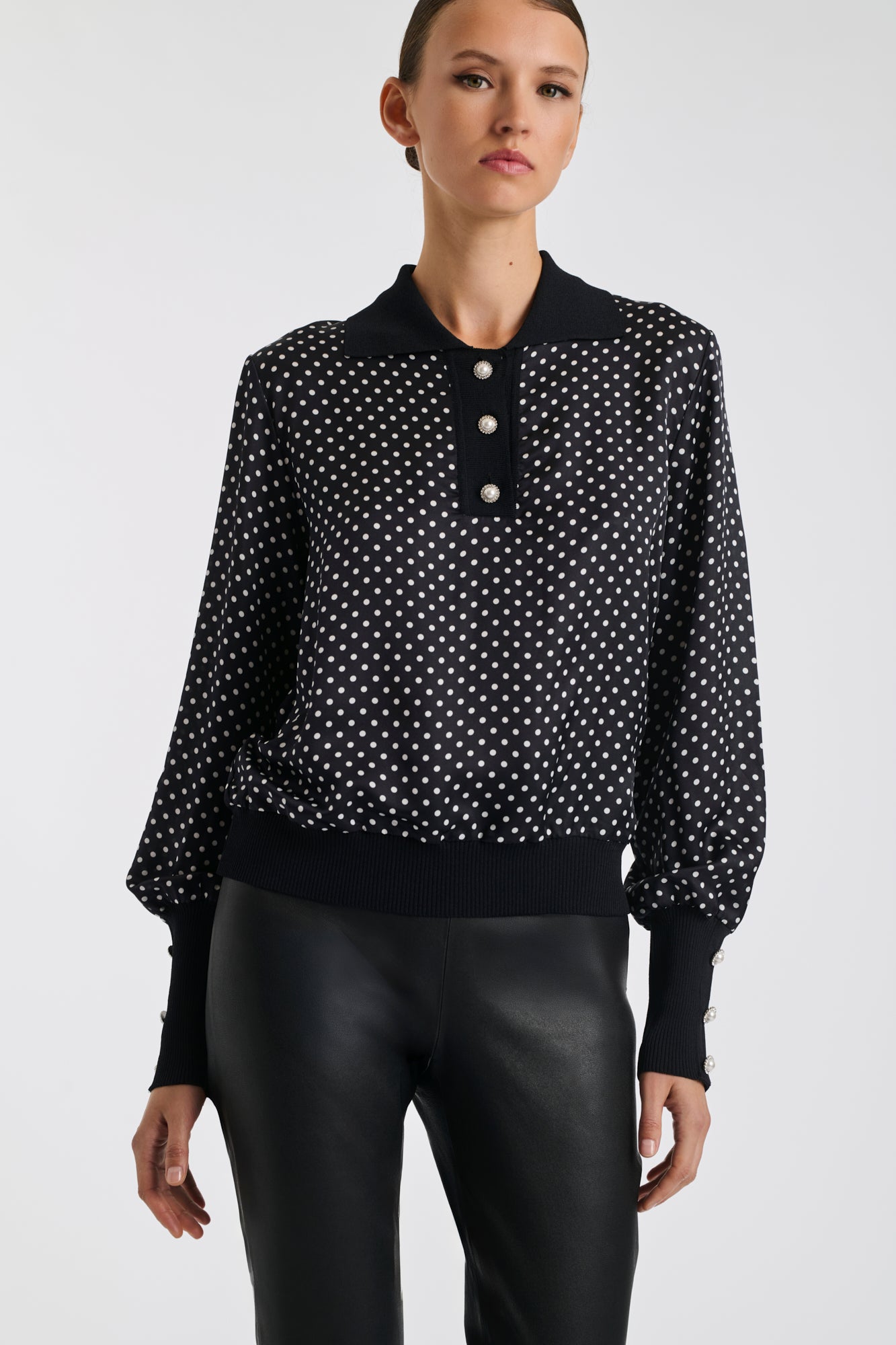 Bi-material polo shirt in silk and knitted fabric