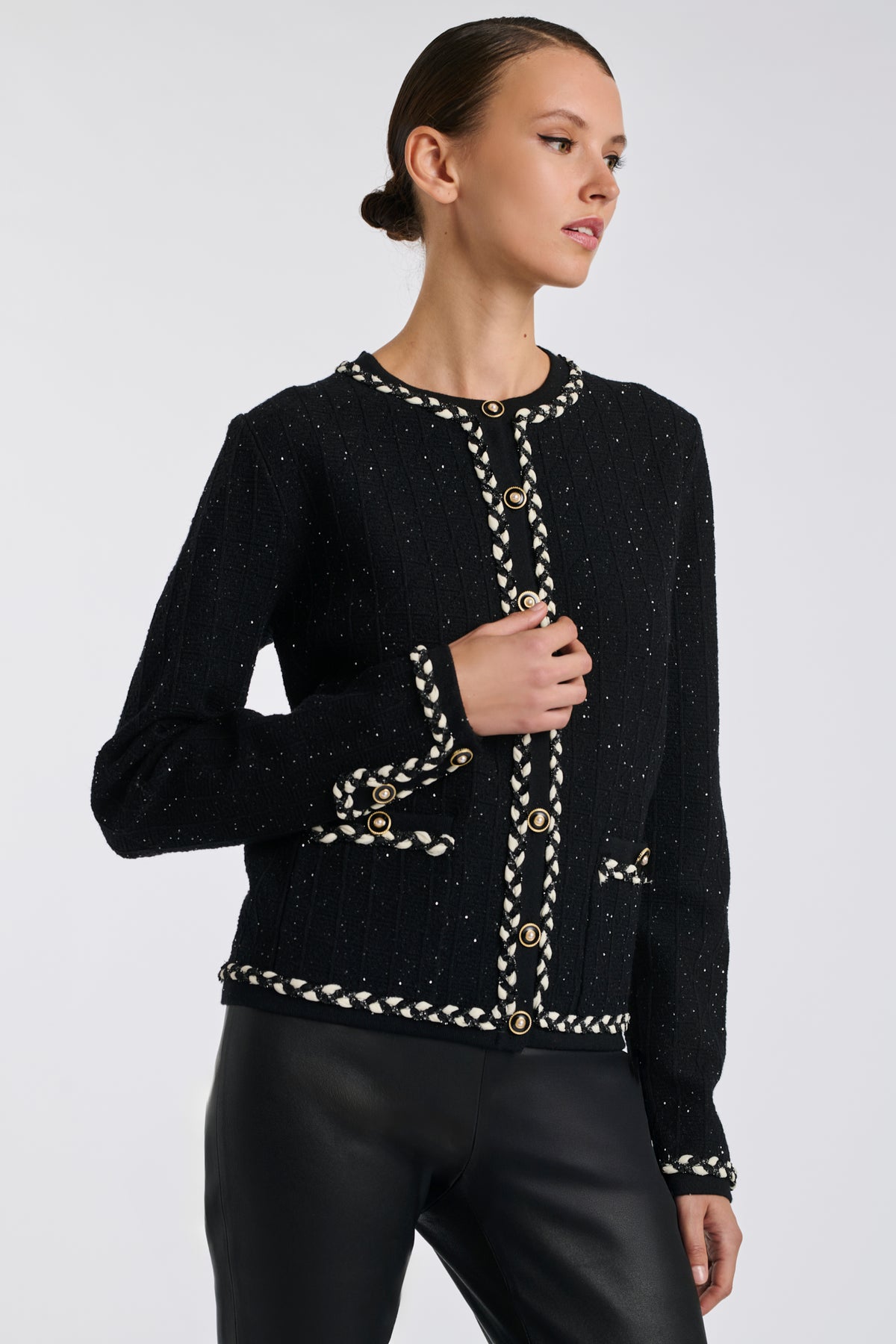 Cardigan effet tweed galoné