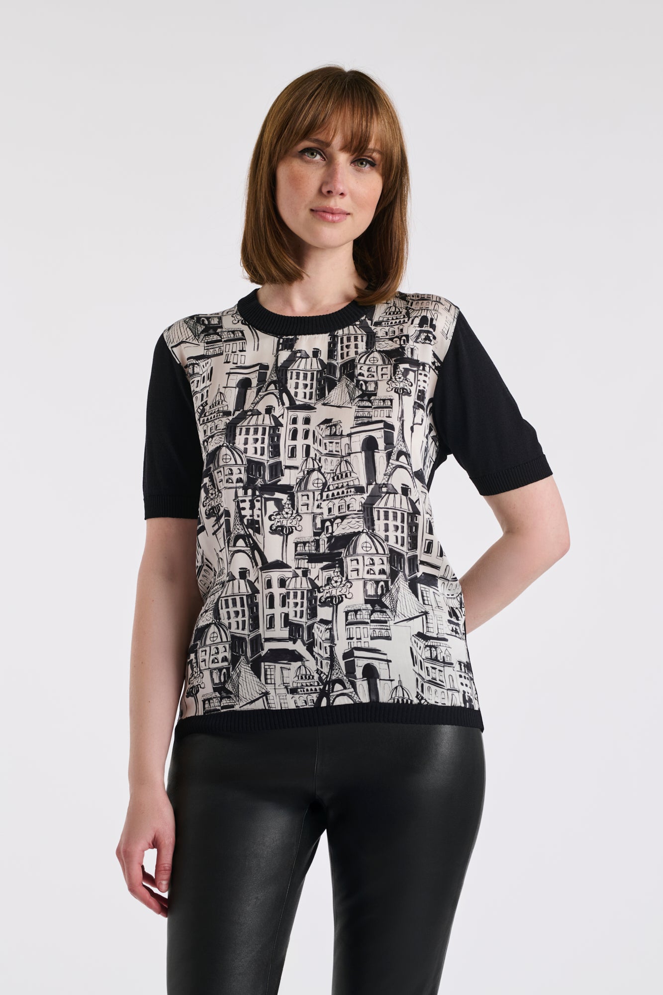 Bi-material silk jumper with a Paris print