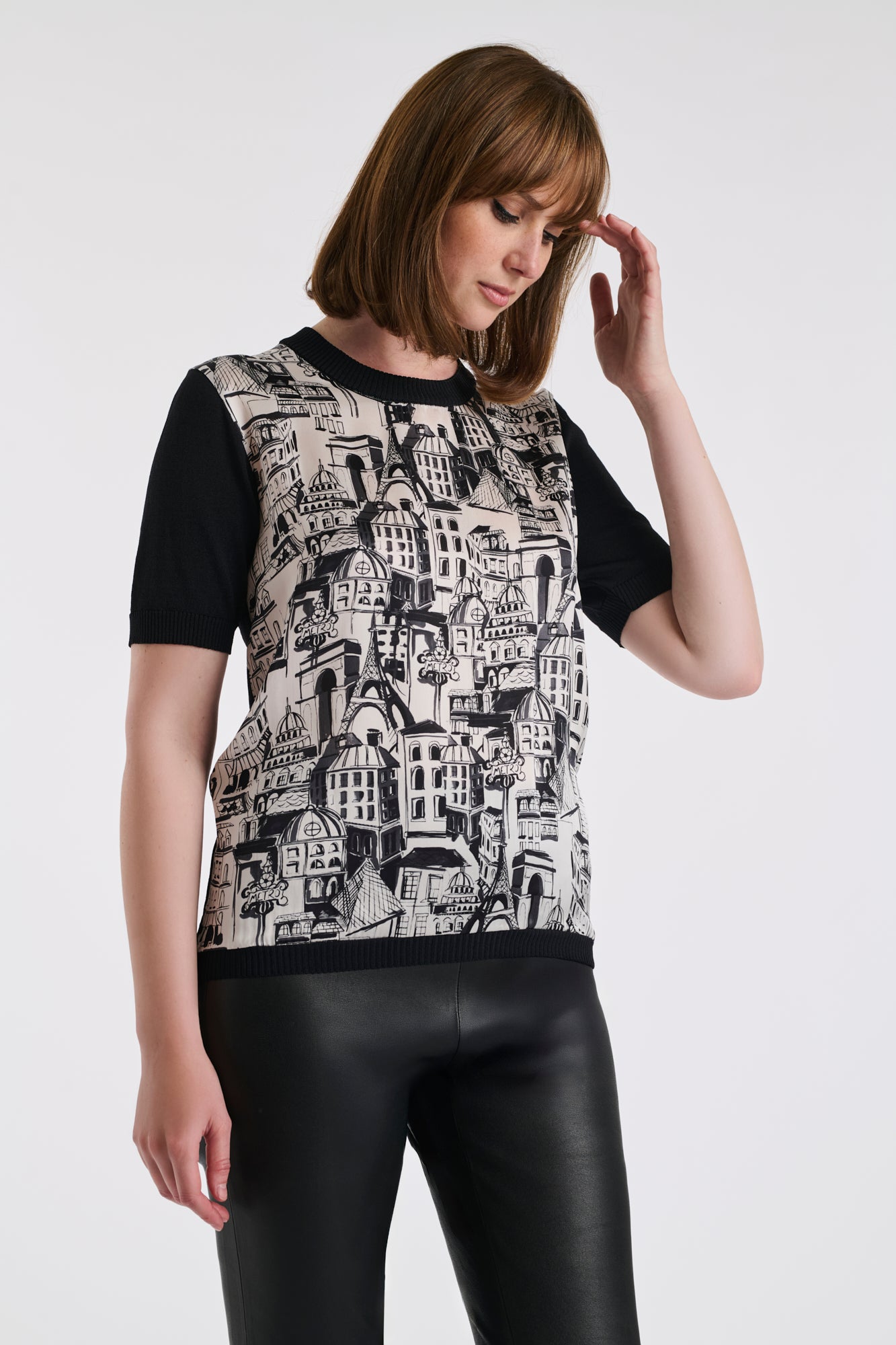 Bi-material silk jumper with a Paris print