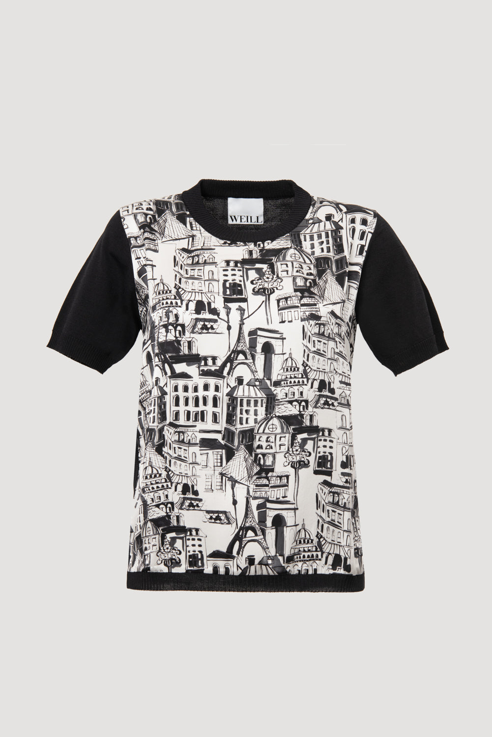 Bi-material silk jumper with a Paris print