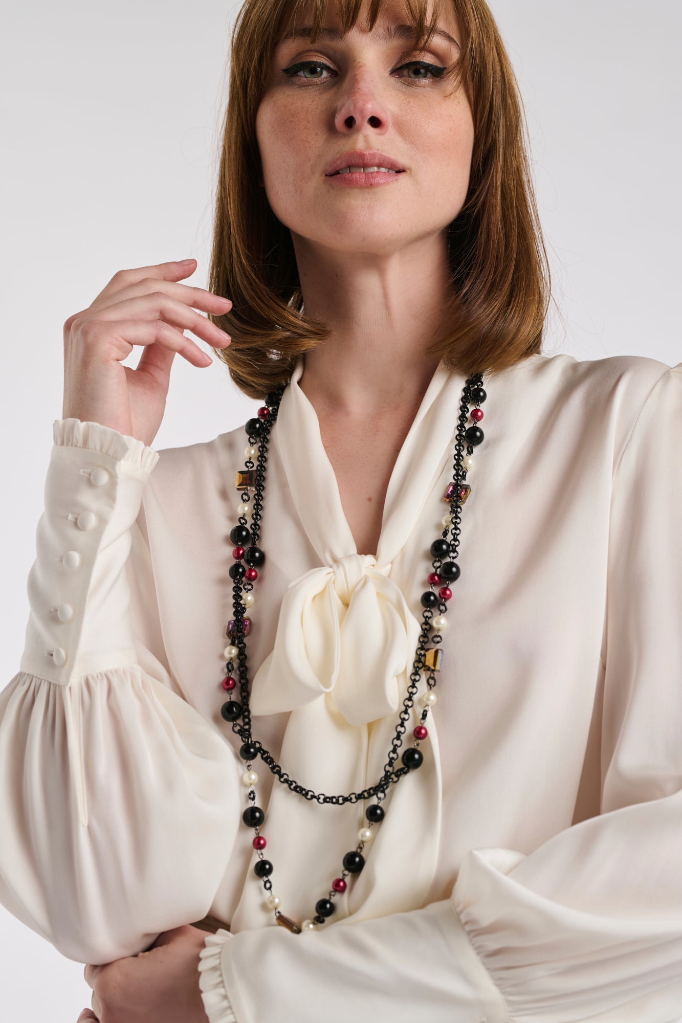 Long double pearl and chain necklace