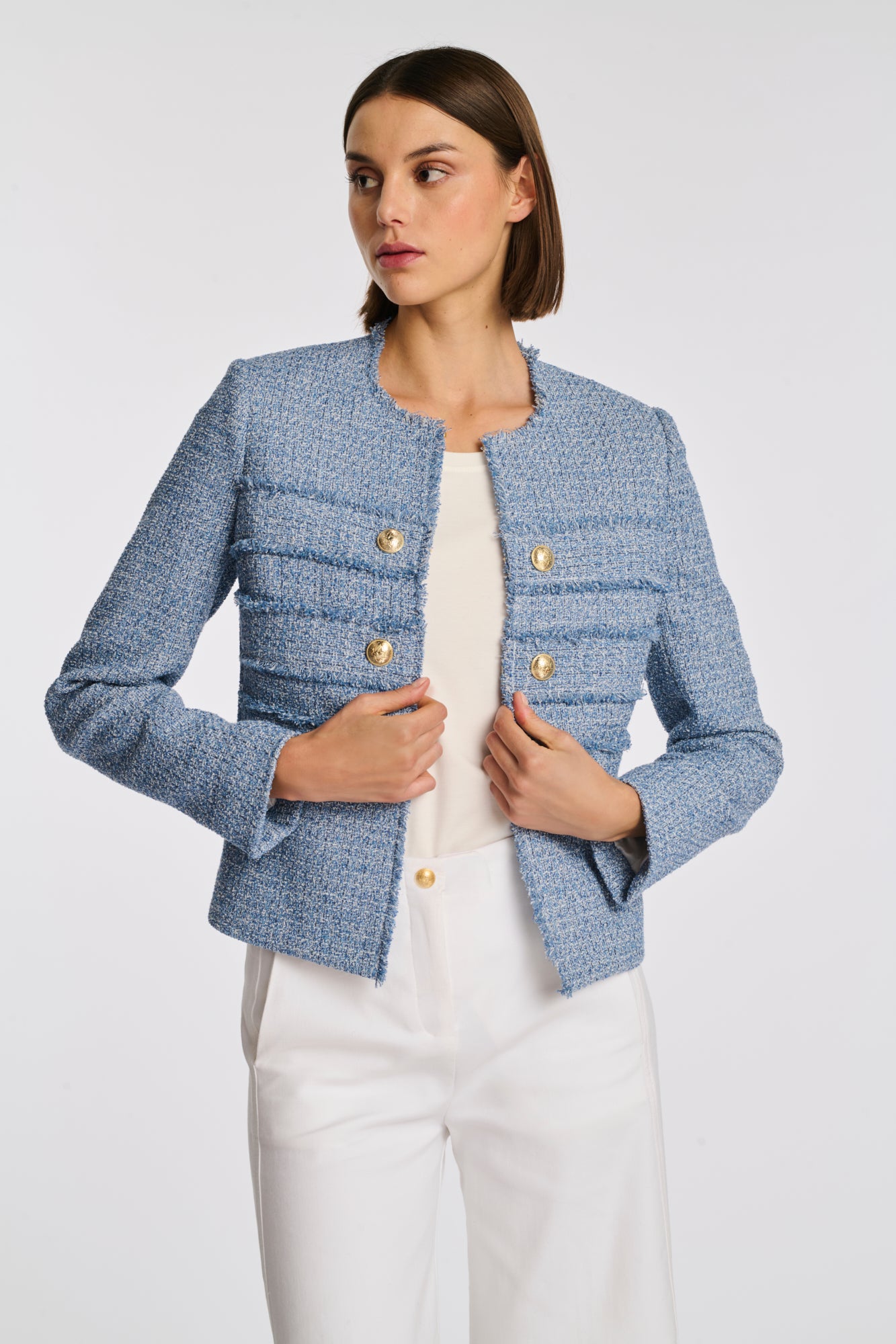 Veste officier en tweed frangée