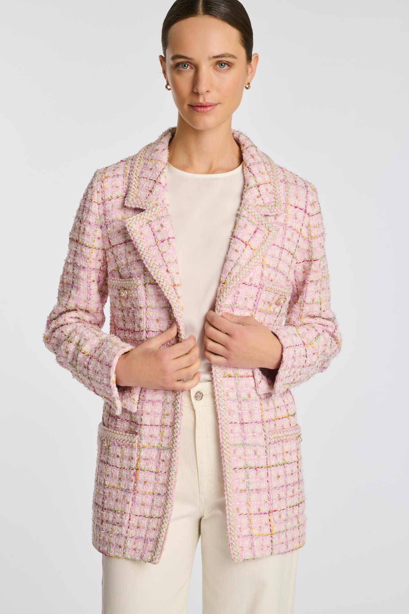 Blazer en tweed pastel galonné