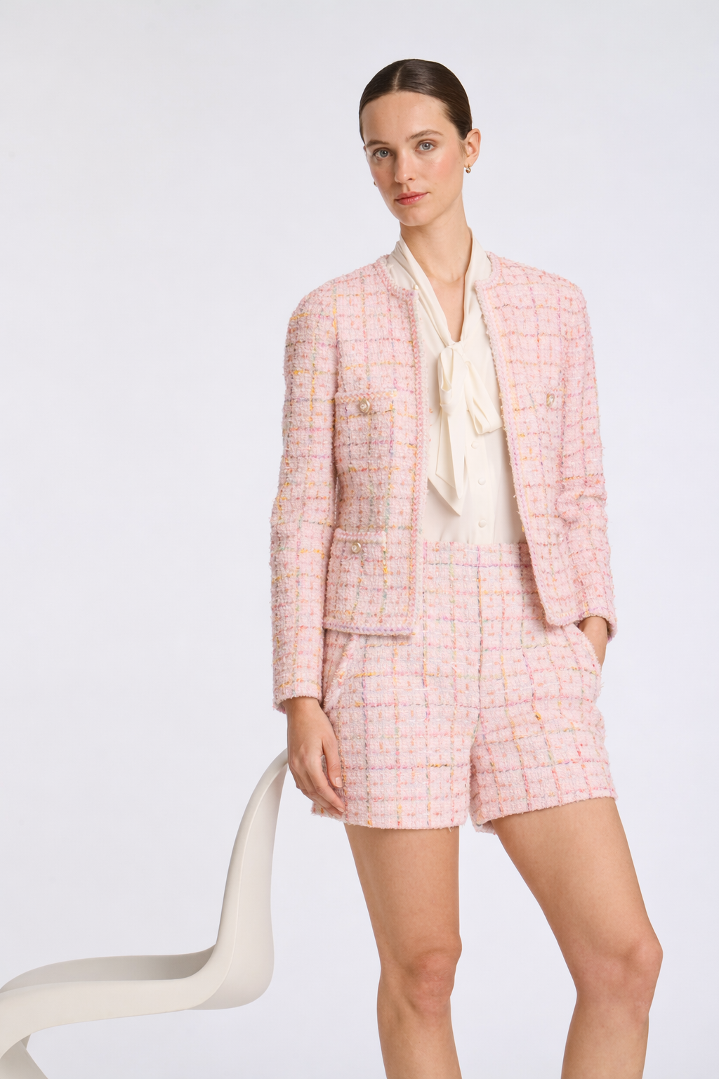 Pastel tweed jacket with braided trim