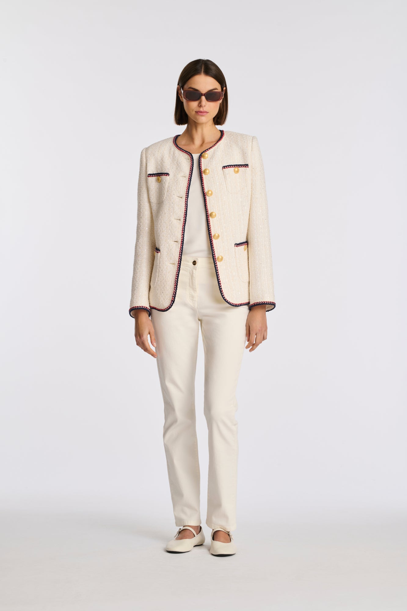 Long tweed jacket with braided trim