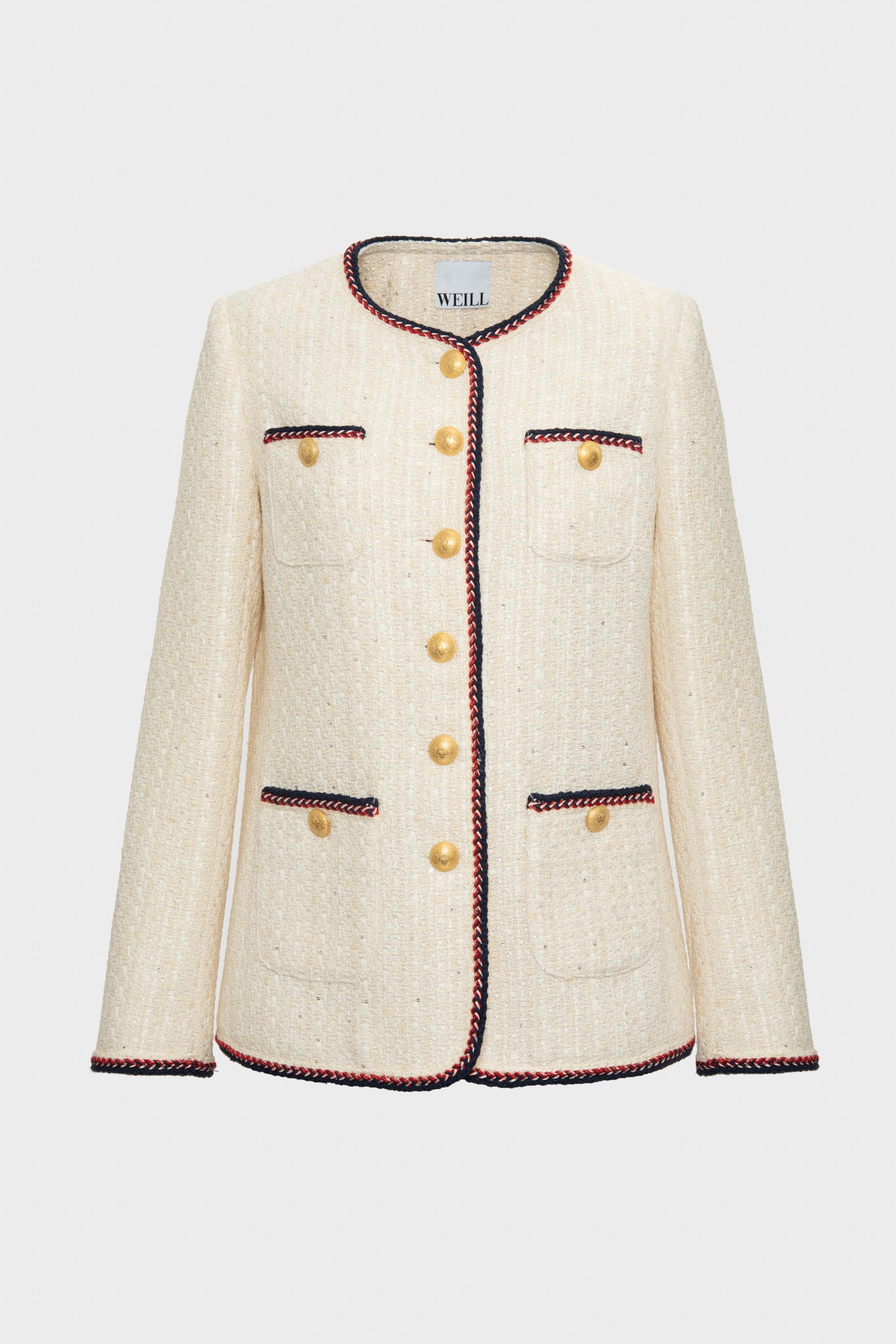 Long tweed jacket with braided trim