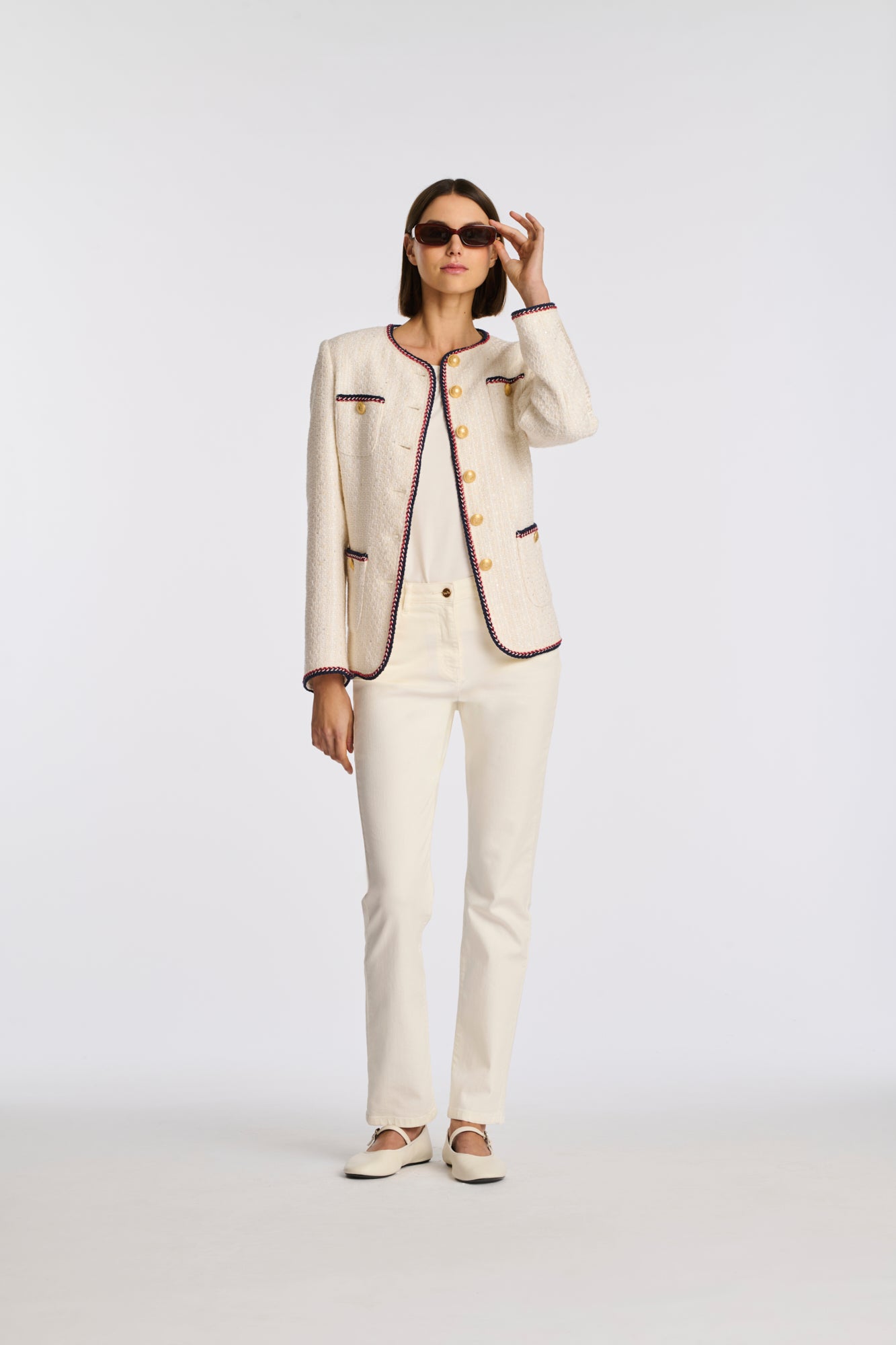 Long tweed jacket with braided trim