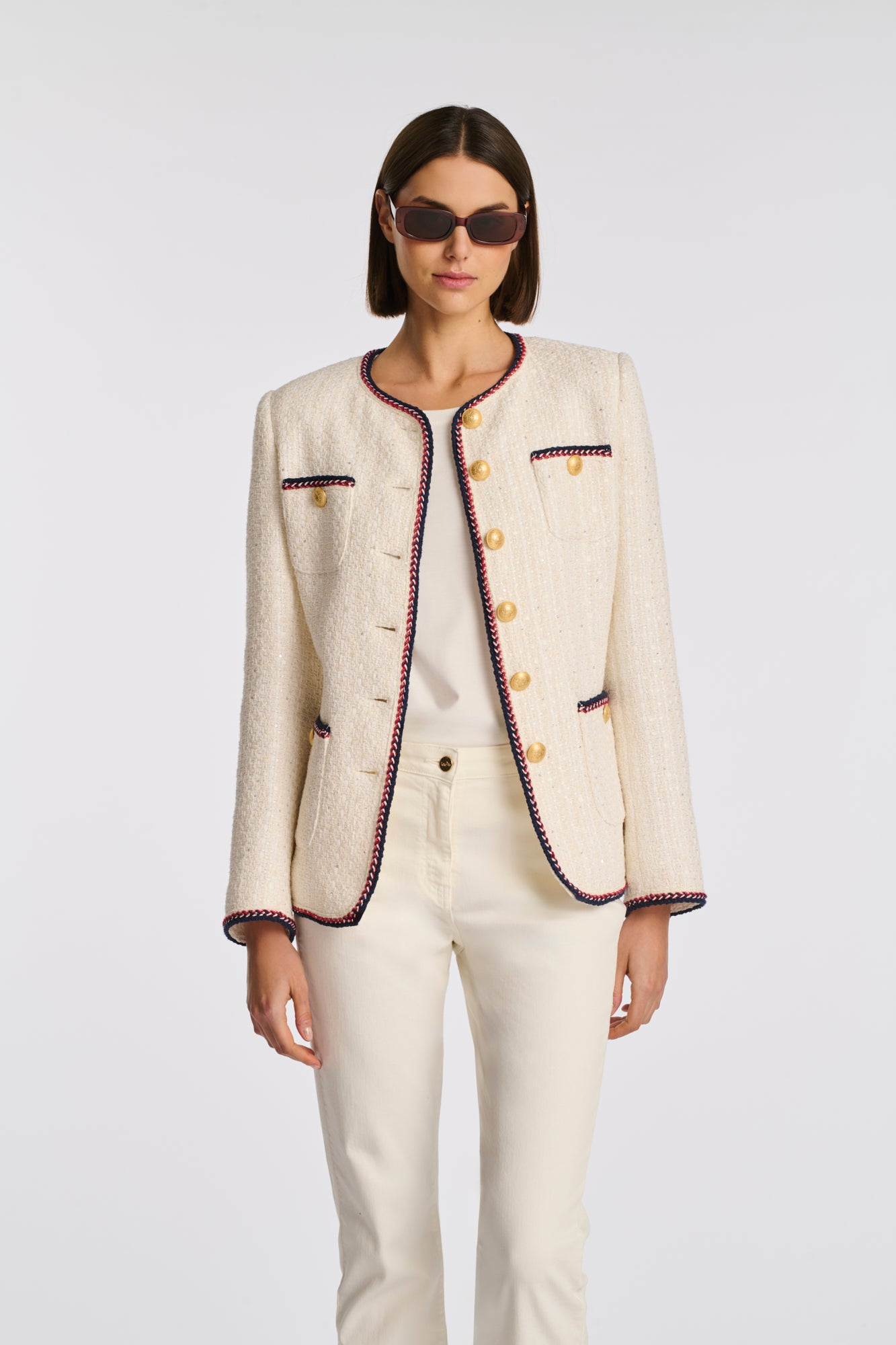 Long tweed jacket with braided trim