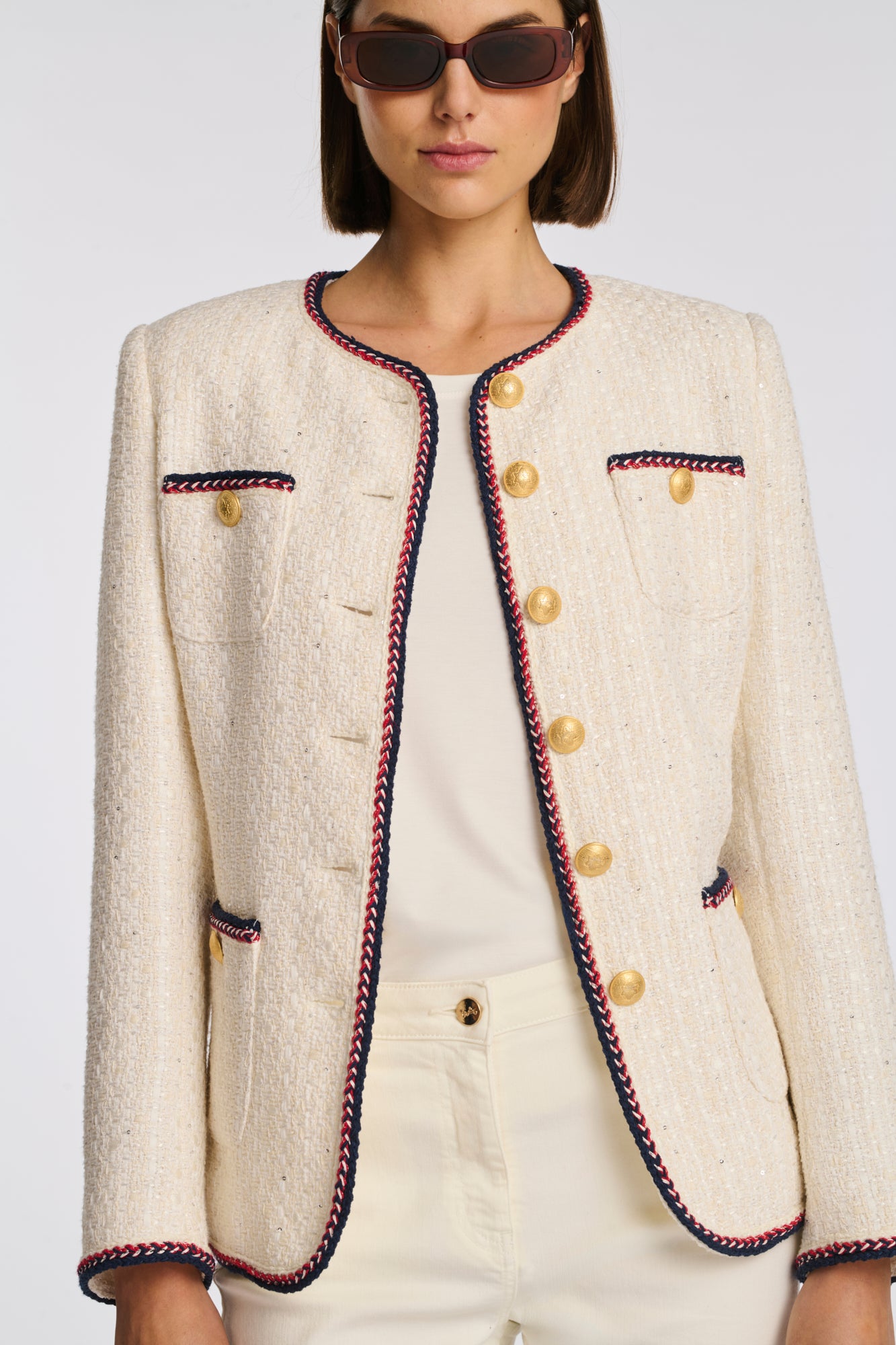 Long tweed jacket with braided trim