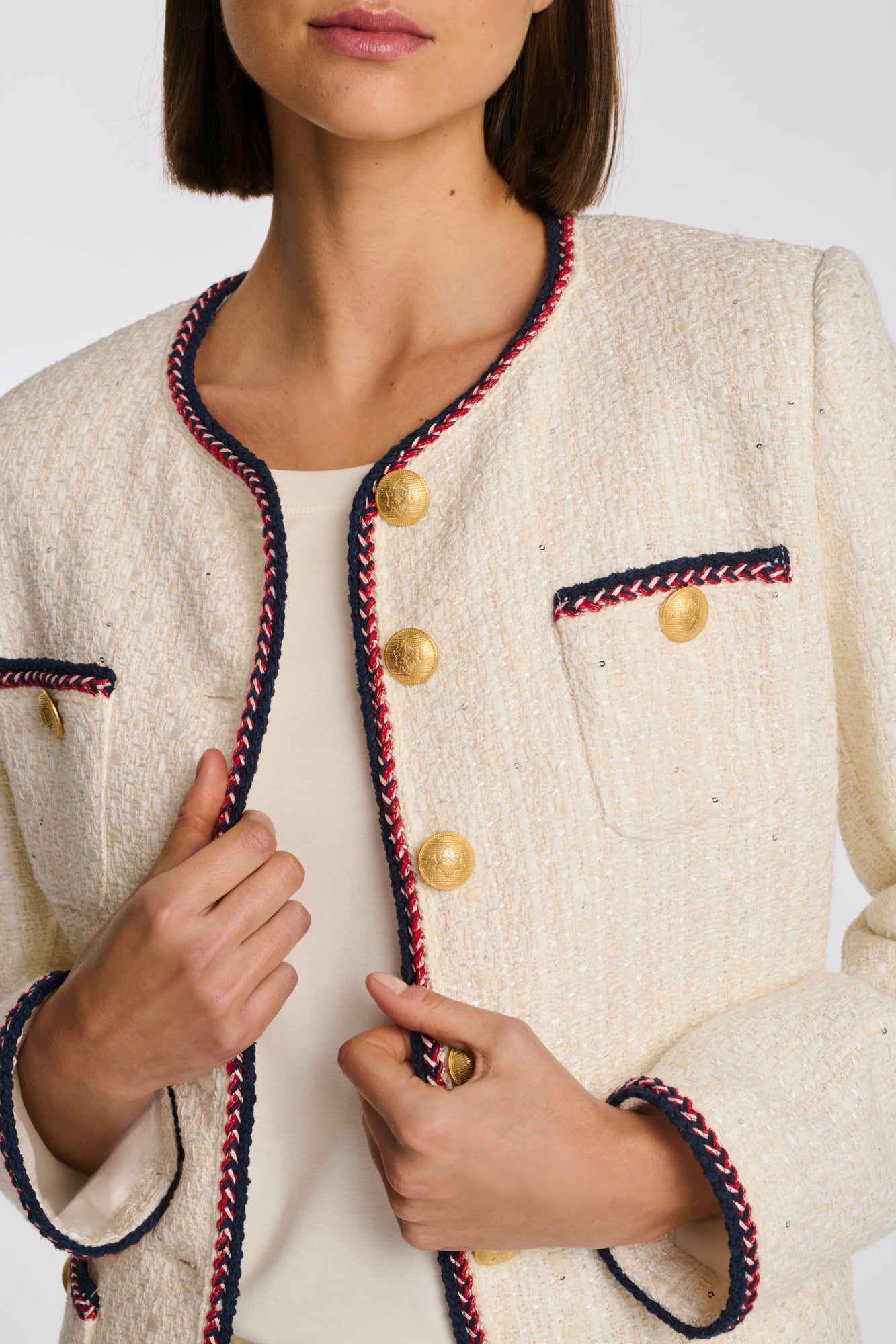 Long tweed jacket with braided trim
