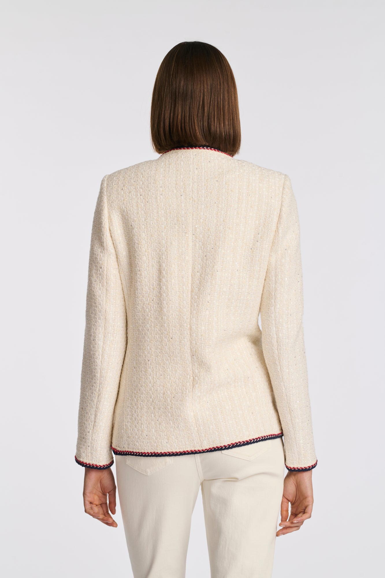 Long tweed jacket with braided trim