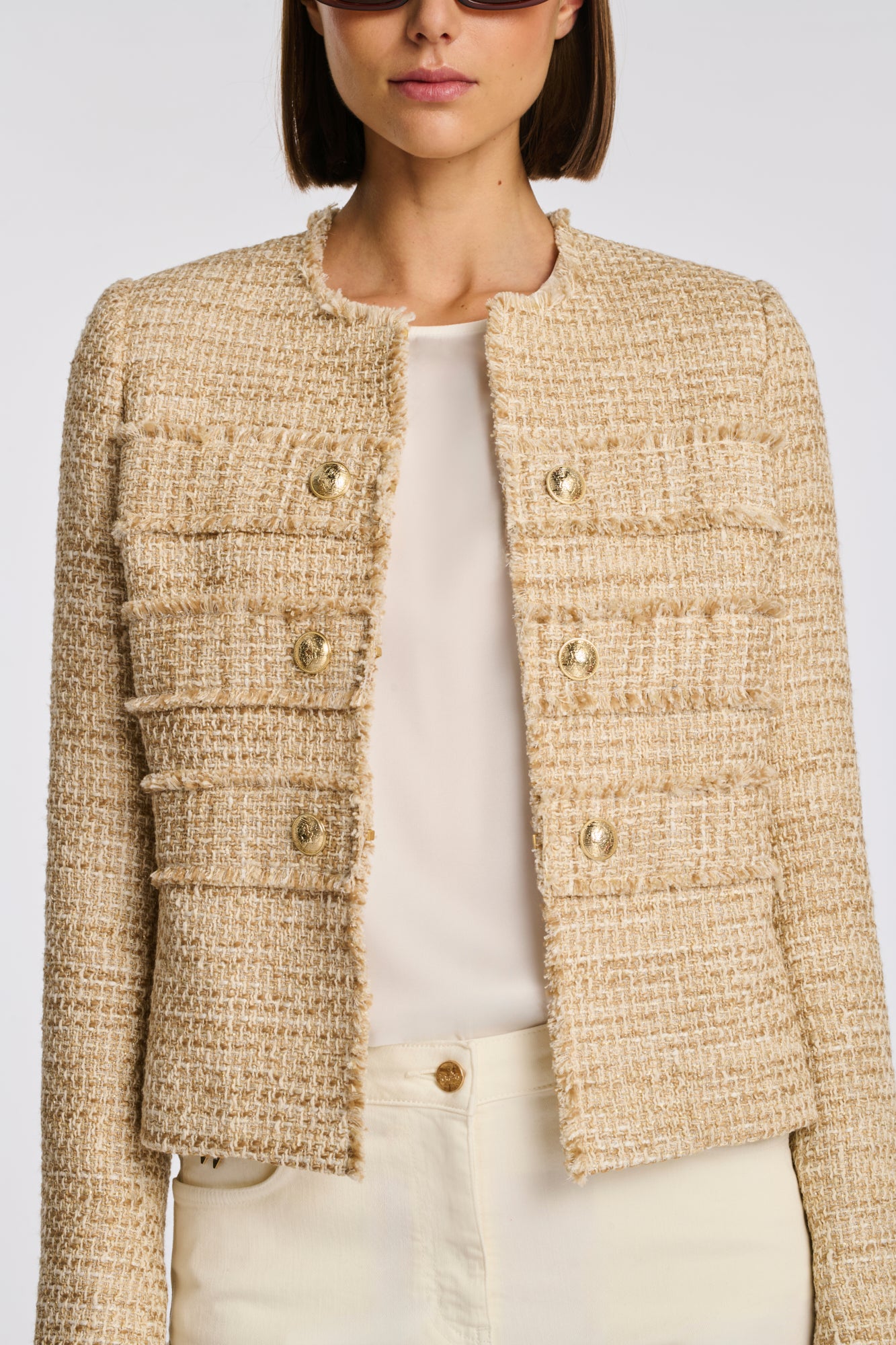 Veste officier en tweed frangée