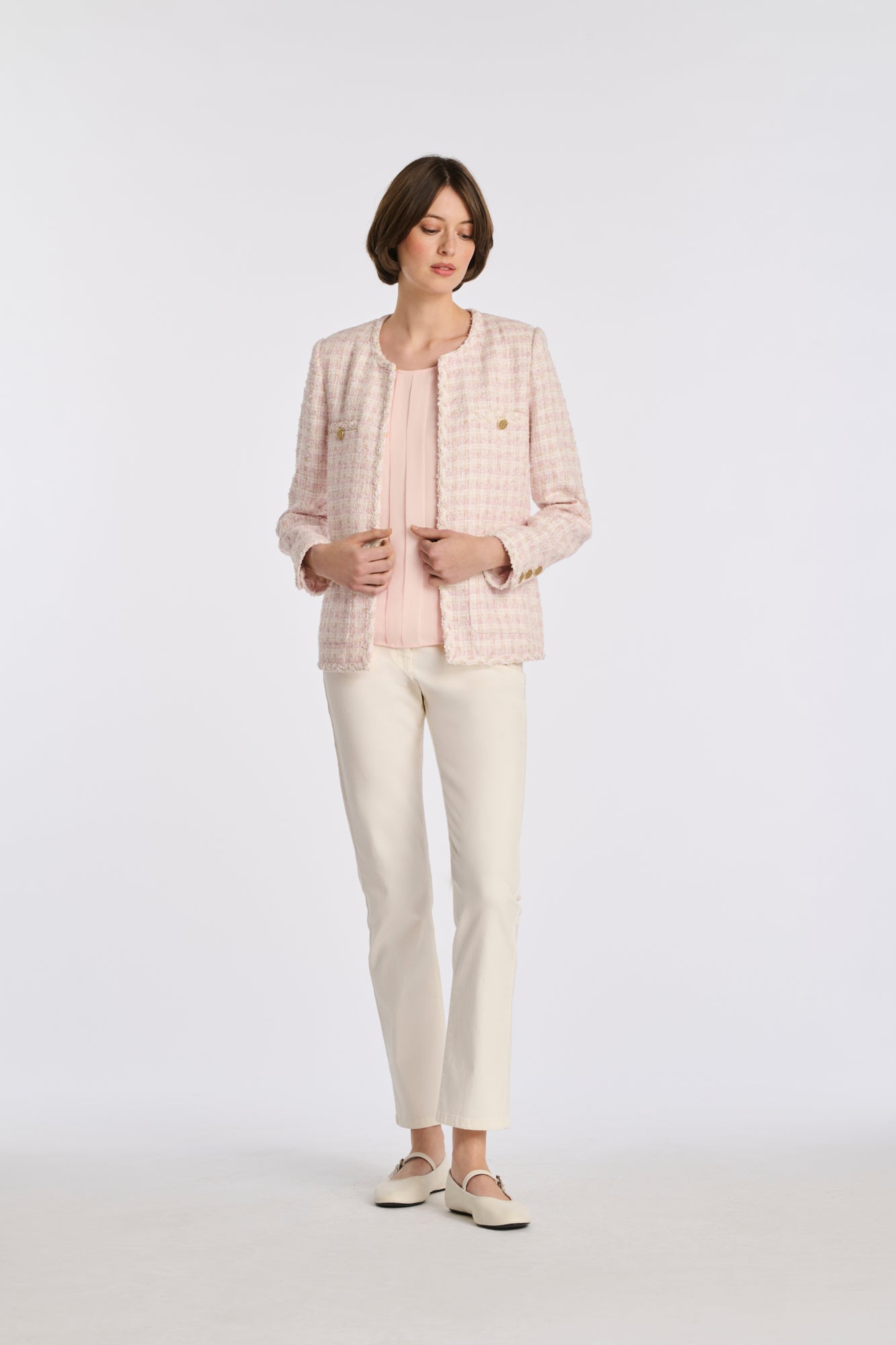 Veste longue en tweed galonnée