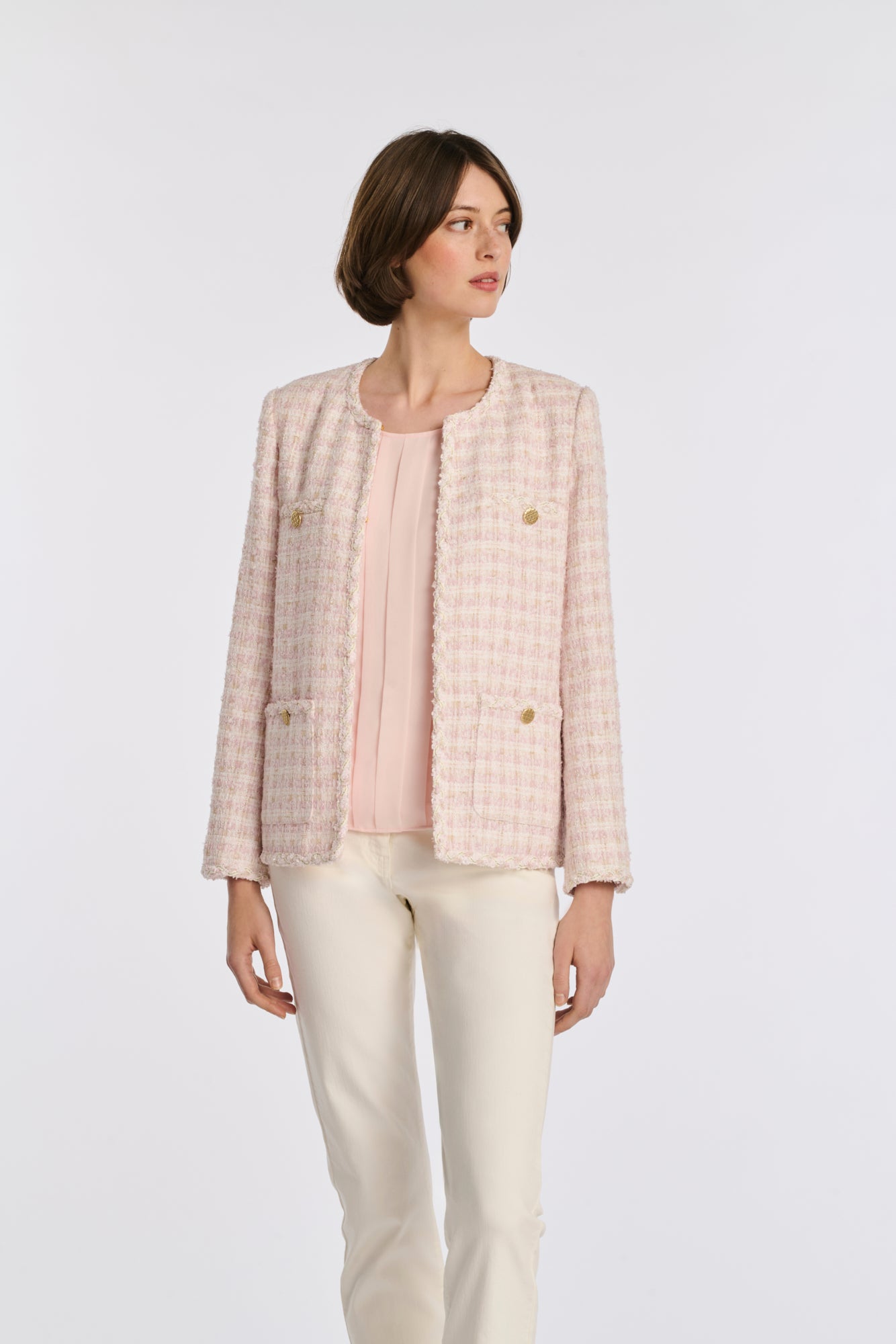Veste longue en tweed galonnée